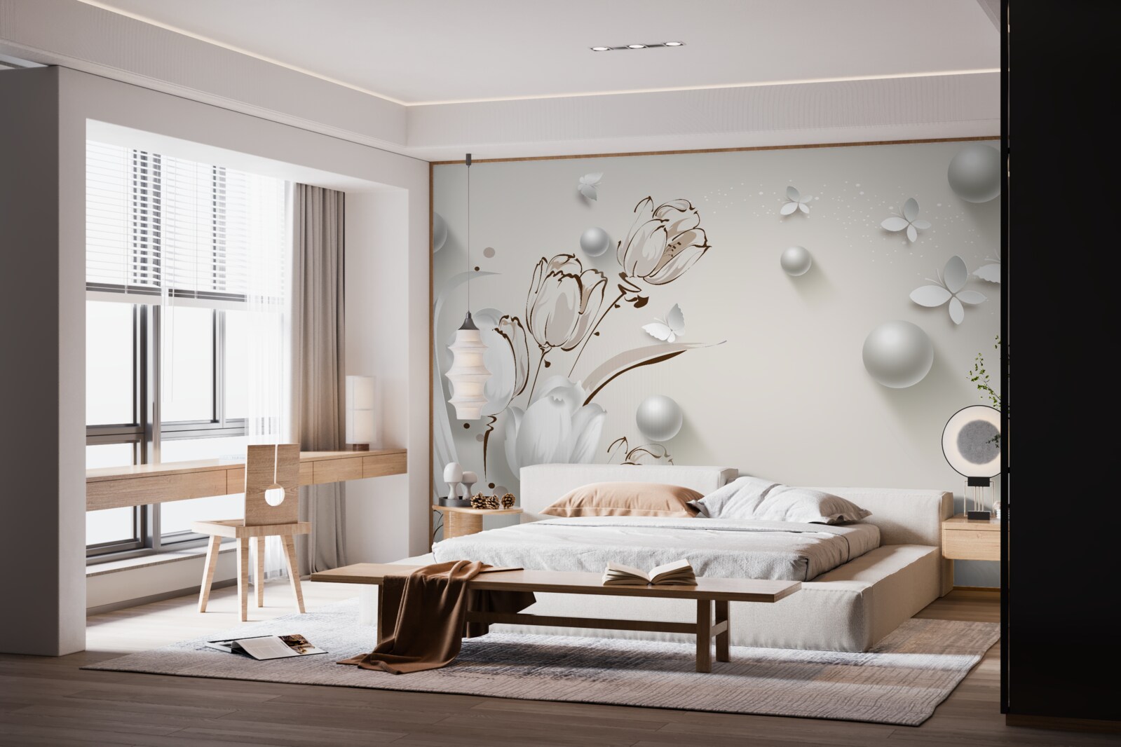 Fototapeta kwiaty wykonane ze złota i pereł w śnieżnobiałym odcieniu