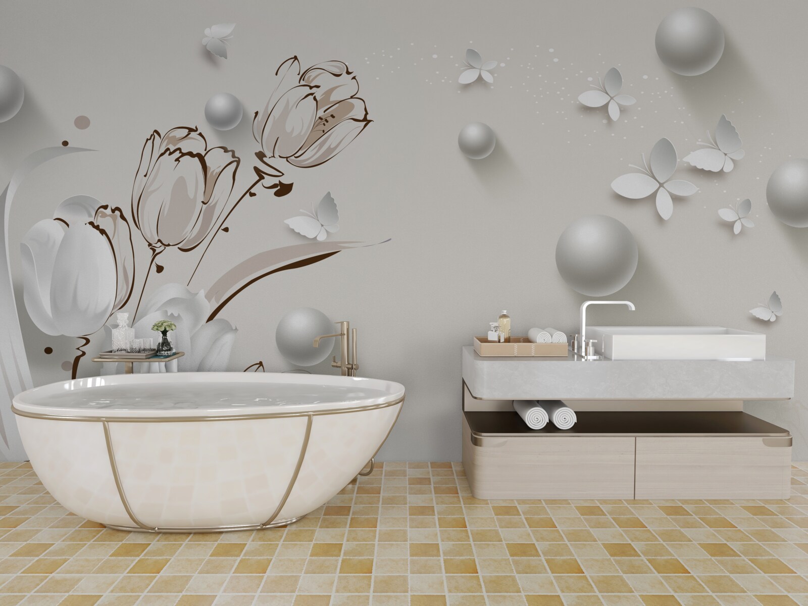 Fototapeta kwiaty wykonane ze złota i pereł w śnieżnobiałym odcieniu