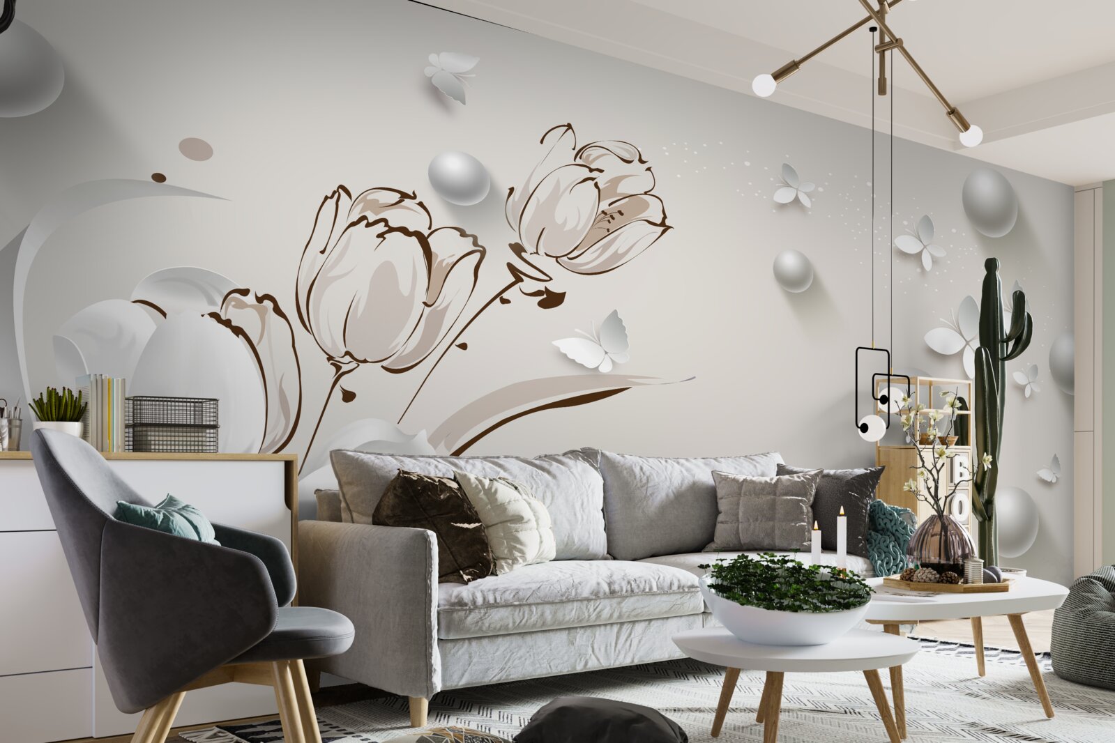 Fototapeta kwiaty wykonane ze złota i pereł w śnieżnobiałym odcieniu