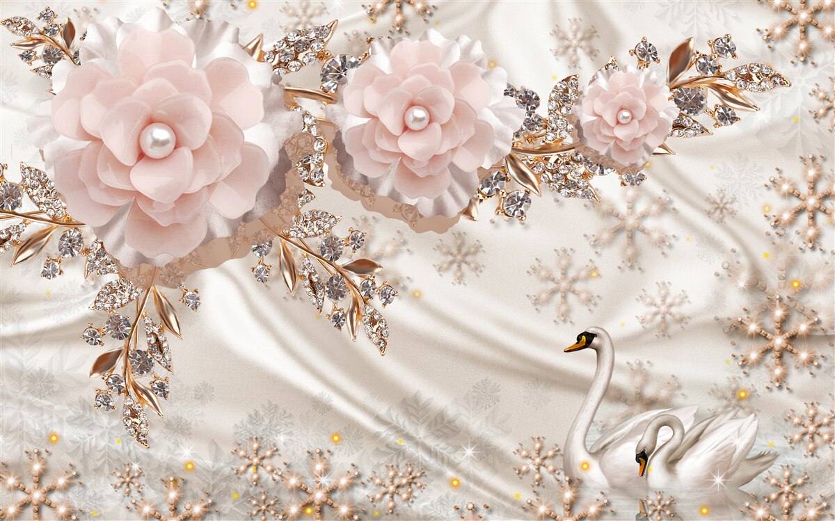 Fototapeta różowe kwiaty ozdobione są złotymi i śnieżnobiałymi łabędziami