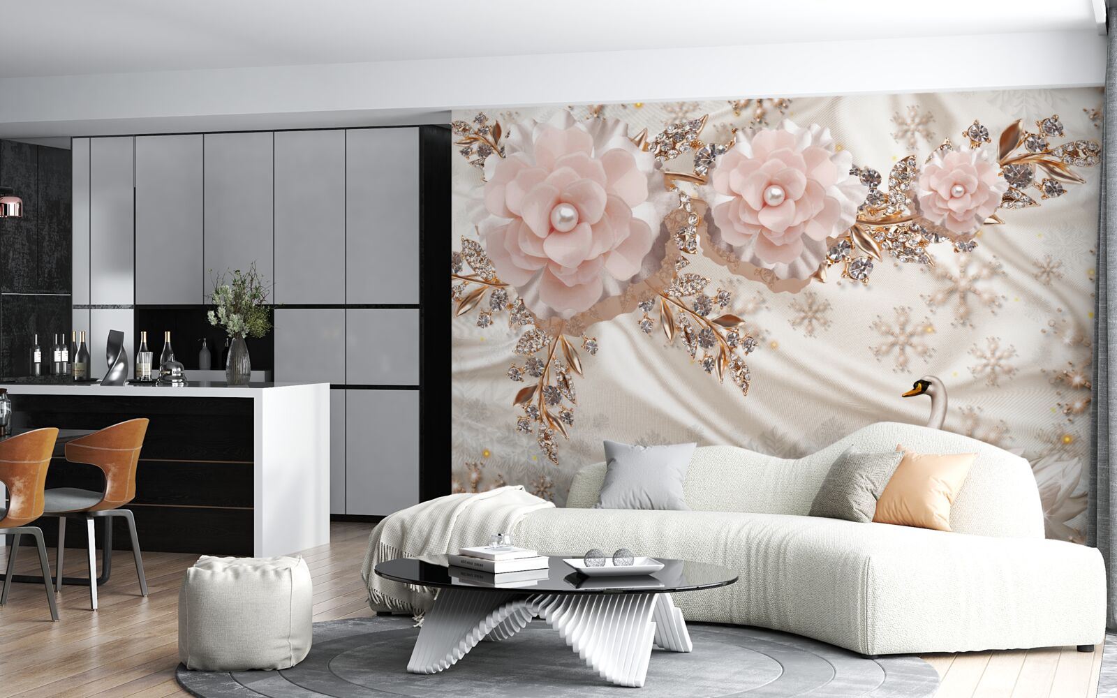 Fototapeta różowe kwiaty ozdobione są złotymi i śnieżnobiałymi łabędziami