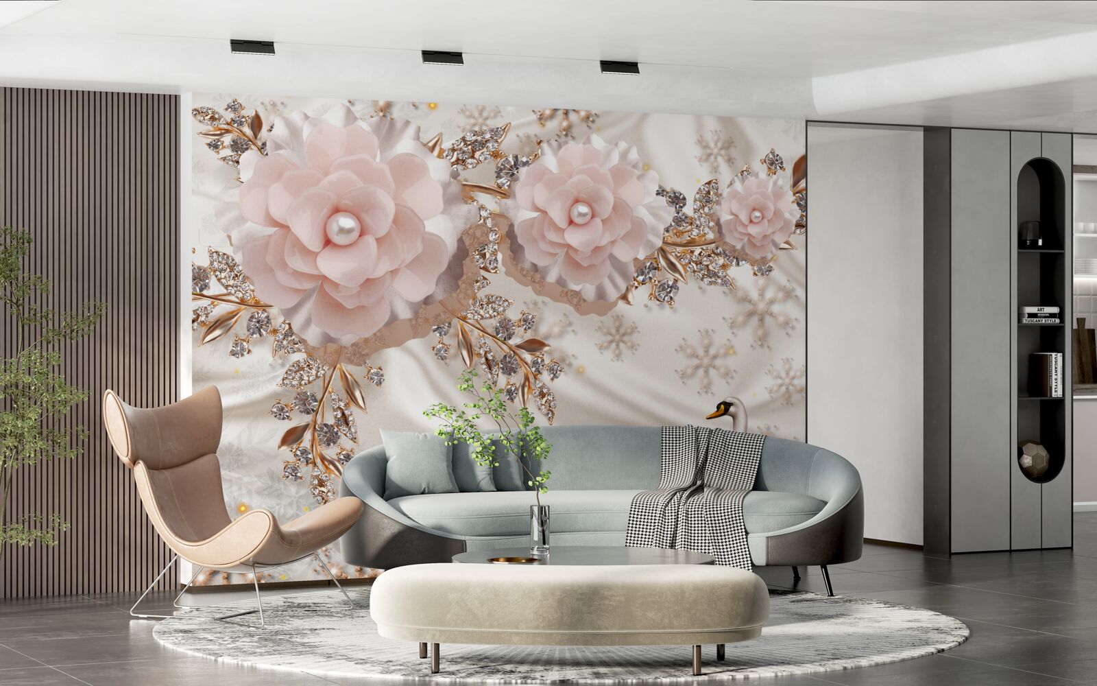 Fototapeta różowe kwiaty ozdobione są złotymi i śnieżnobiałymi łabędziami