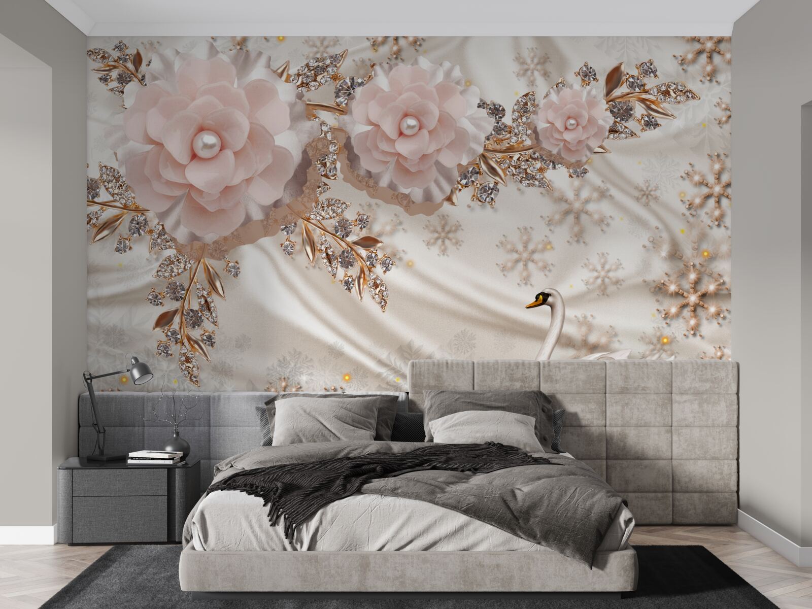 Fototapeta różowe kwiaty ozdobione są złotymi i śnieżnobiałymi łabędziami