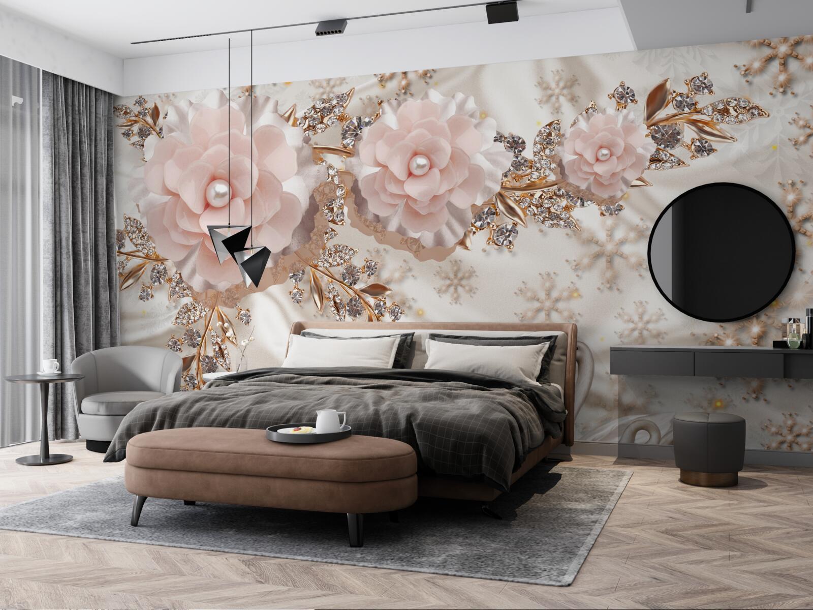 Fototapeta różowe kwiaty ozdobione są złotymi i śnieżnobiałymi łabędziami