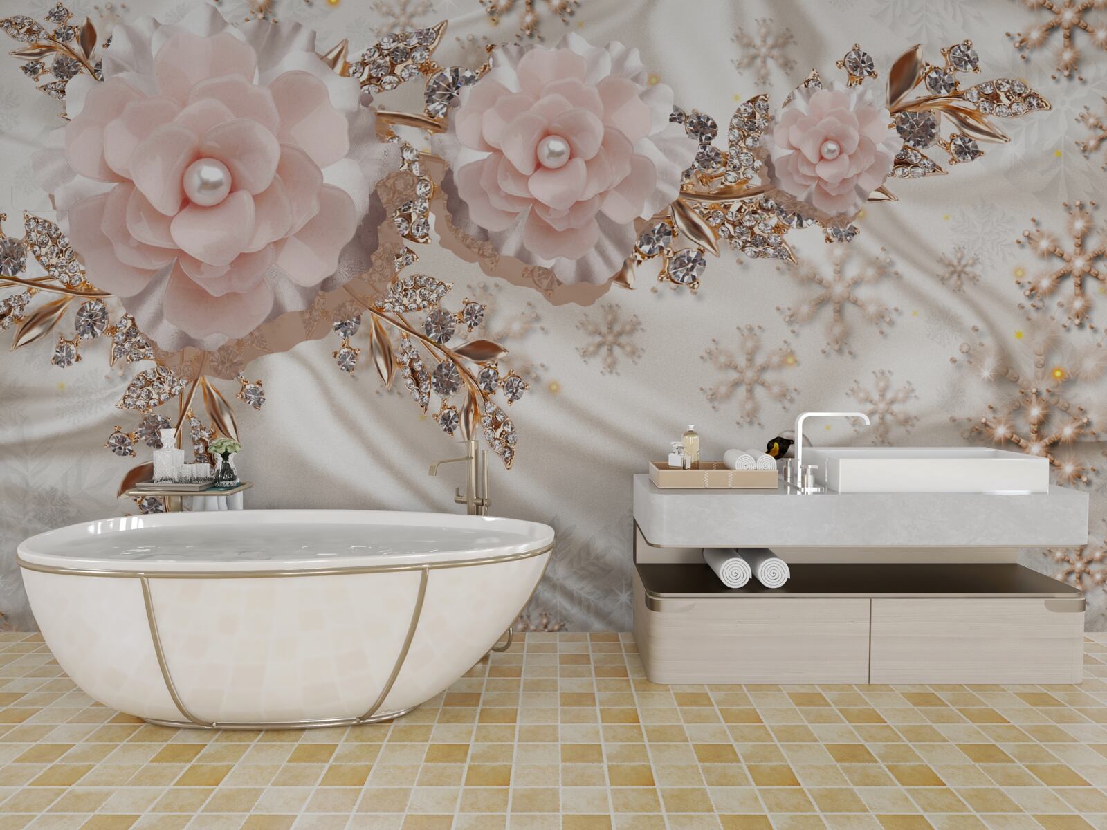 Fototapeta różowe kwiaty ozdobione są złotymi i śnieżnobiałymi łabędziami