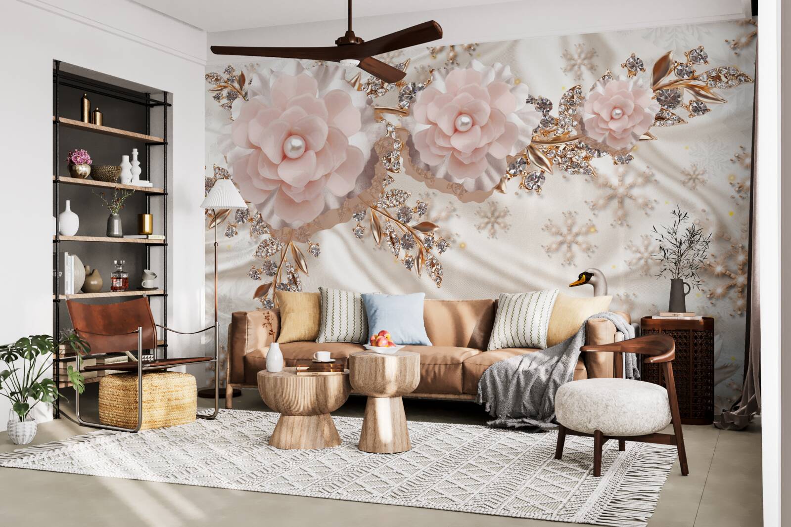 Fototapeta różowe kwiaty ozdobione są złotymi i śnieżnobiałymi łabędziami