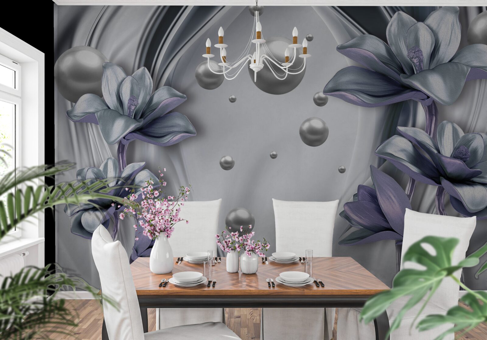 Fototapeta odbicie pereł i kwiatów w wodzie