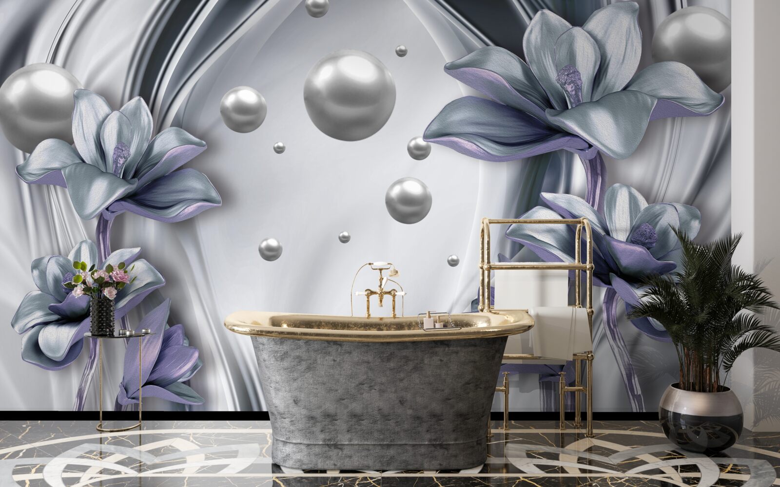 Fototapeta odbicie pereł i kwiatów w wodzie