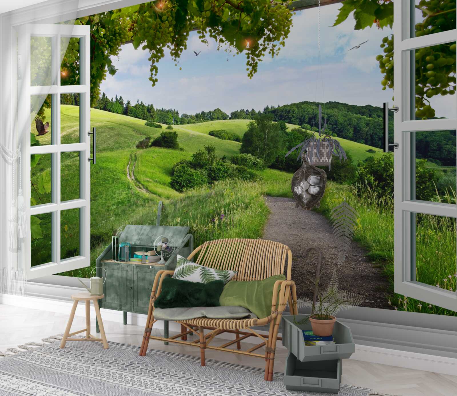 Fototapeta okno wychodzące na panoramę zielonych łąk