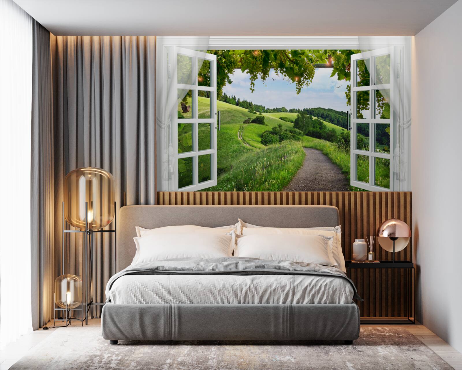 Fototapeta okno wychodzące na panoramę zielonych łąk