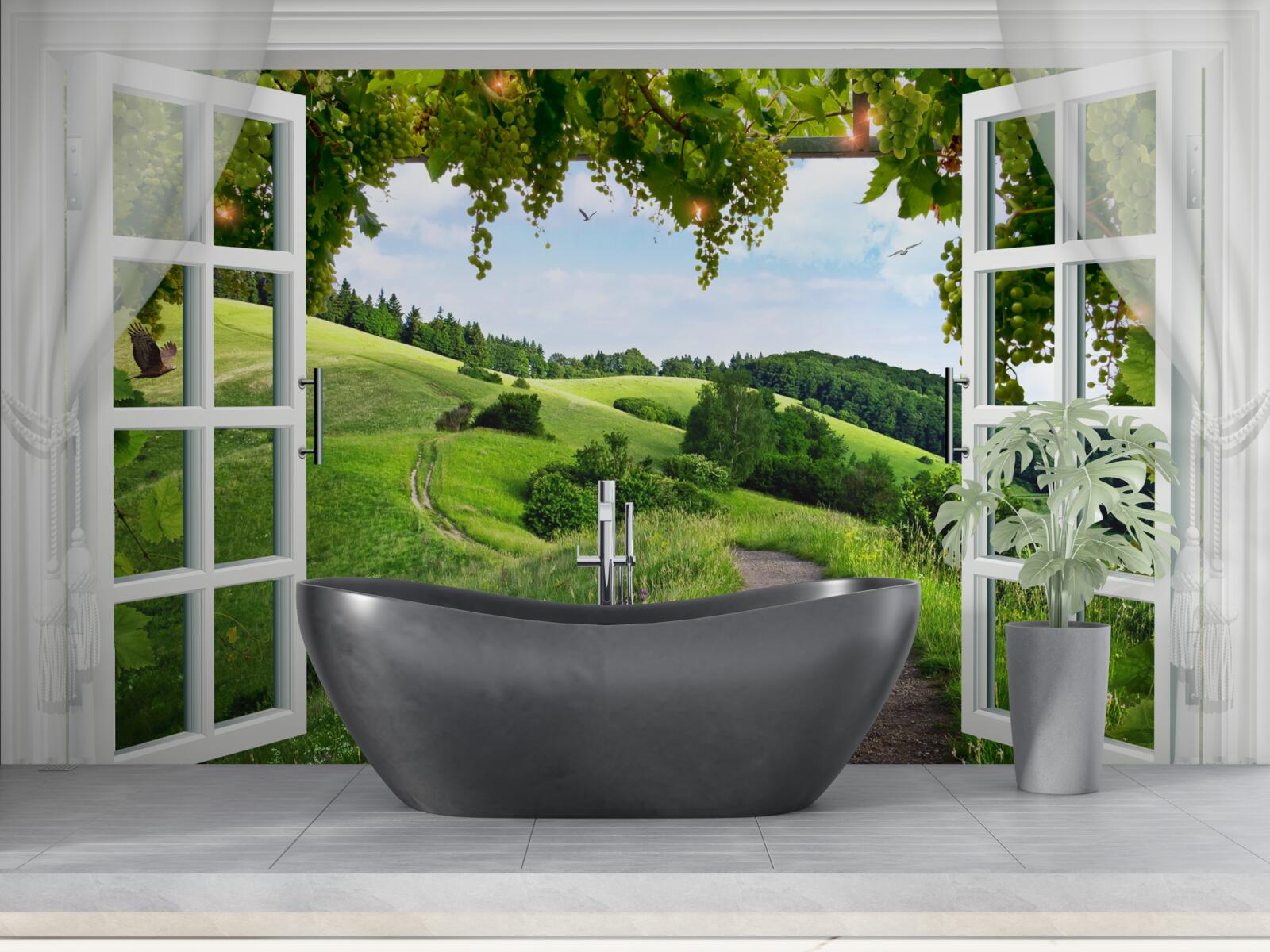 Fototapeta okno wychodzące na panoramę zielonych łąk