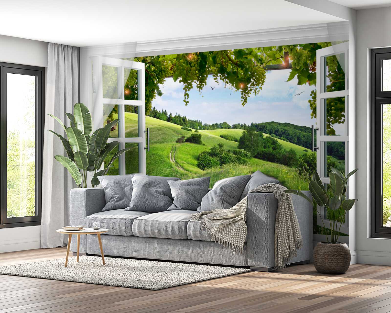 Fototapeta okno wychodzące na panoramę zielonych łąk