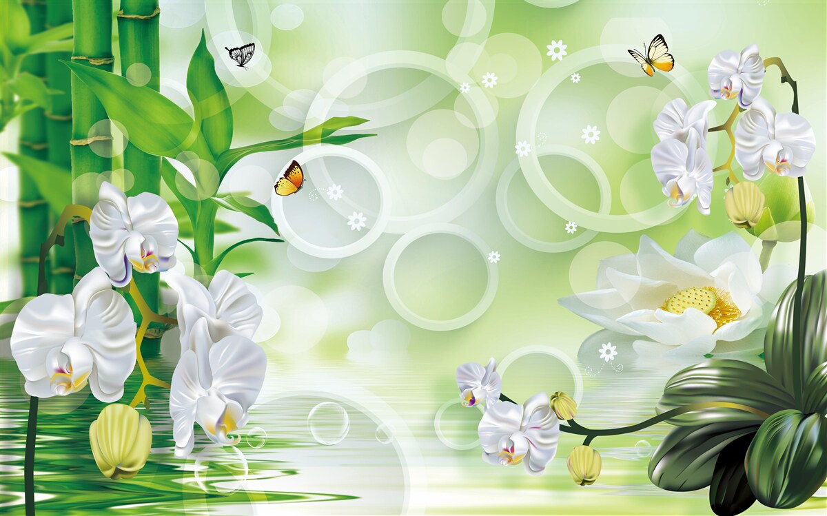 Fototapeta woda, która harmonijnie łączy się z białymi orchideami i bambusem