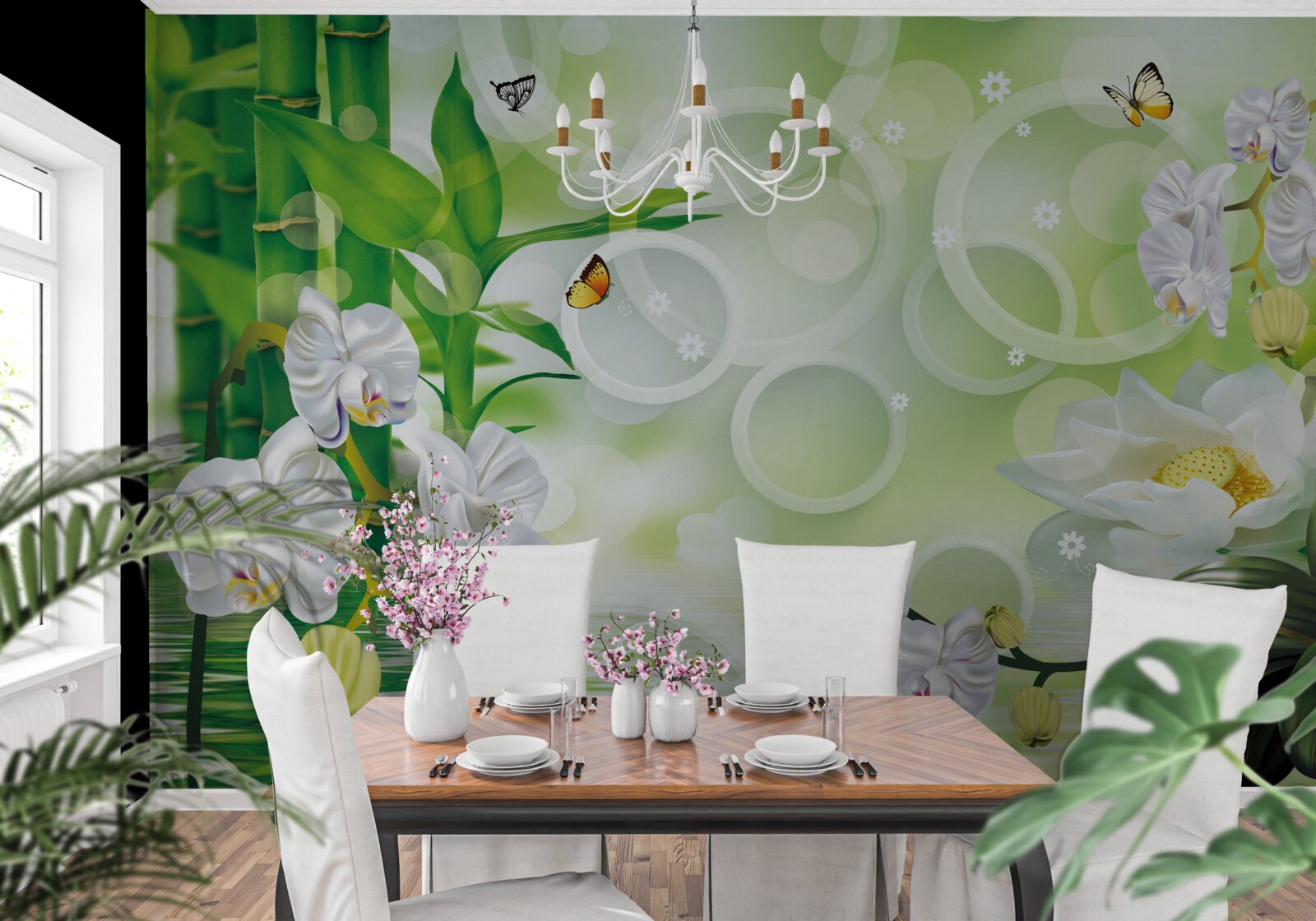 Fototapeta woda, która harmonijnie łączy się z białymi orchideami i bambusem