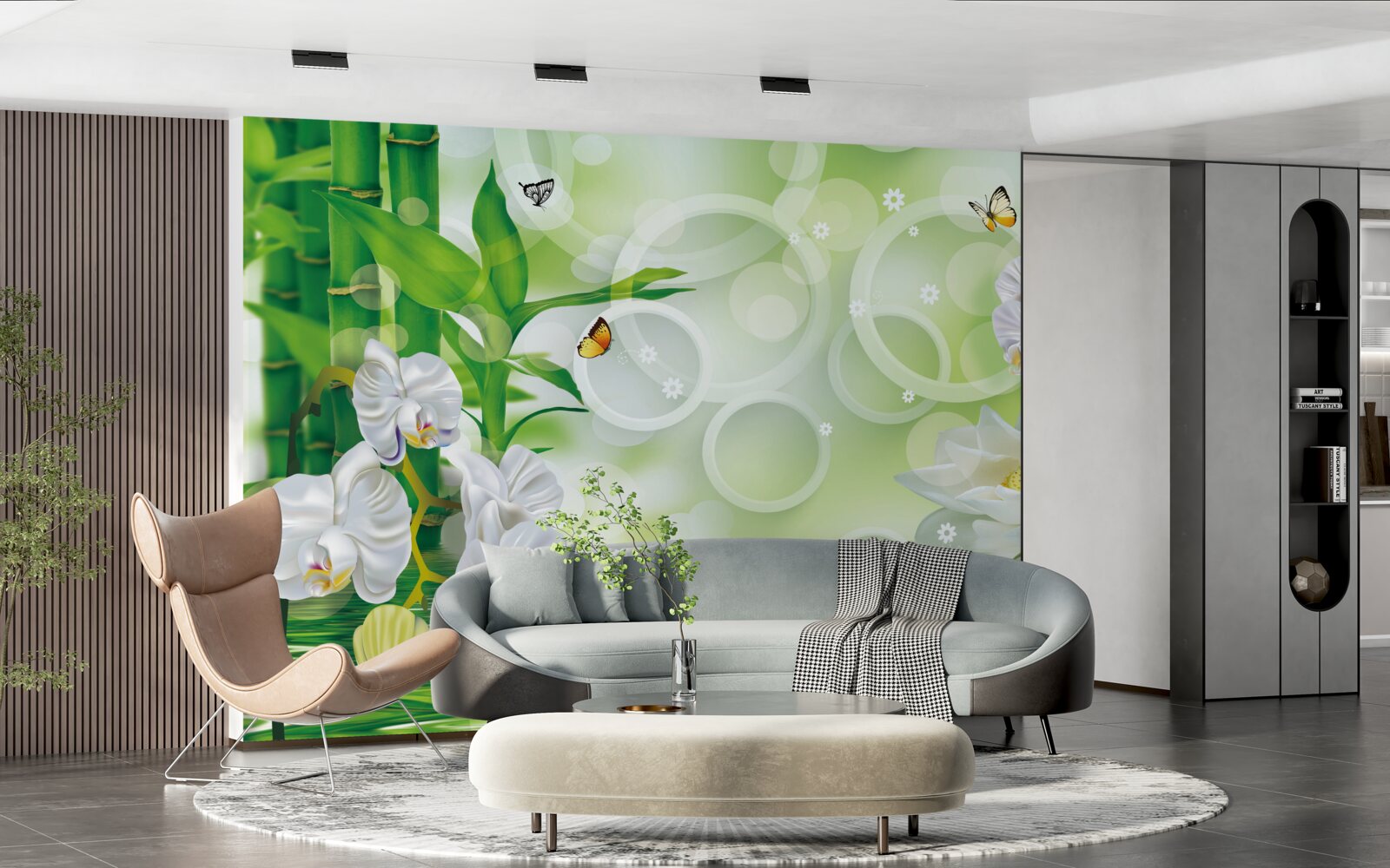 Fototapeta woda, która harmonijnie łączy się z białymi orchideami i bambusem