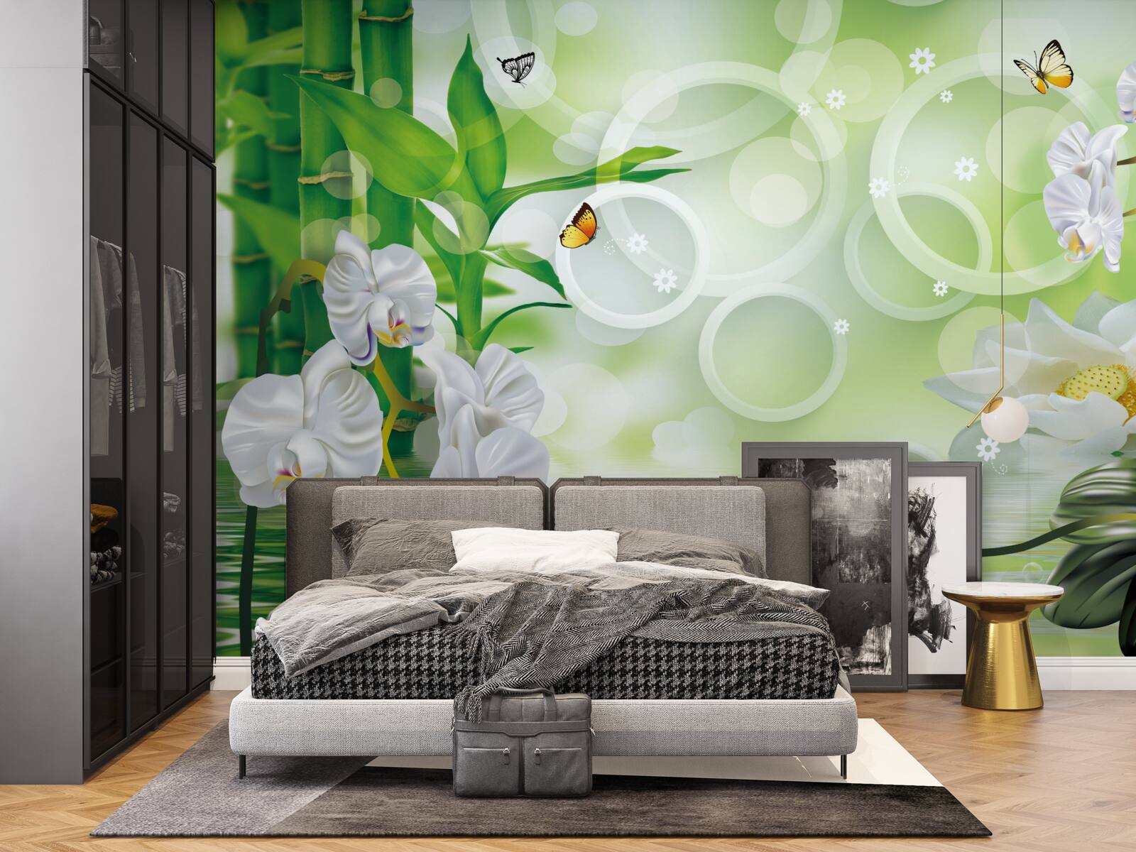 Fototapeta woda, która harmonijnie łączy się z białymi orchideami i bambusem