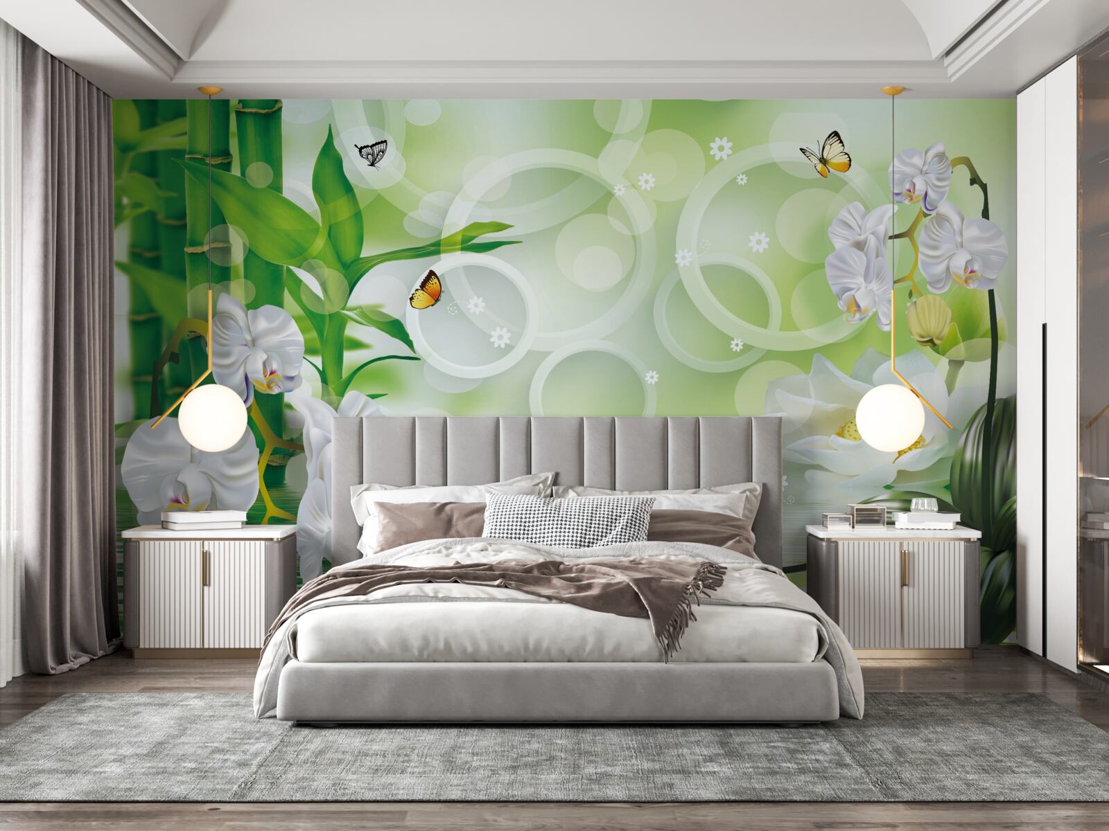 Fototapeta woda, która harmonijnie łączy się z białymi orchideami i bambusem