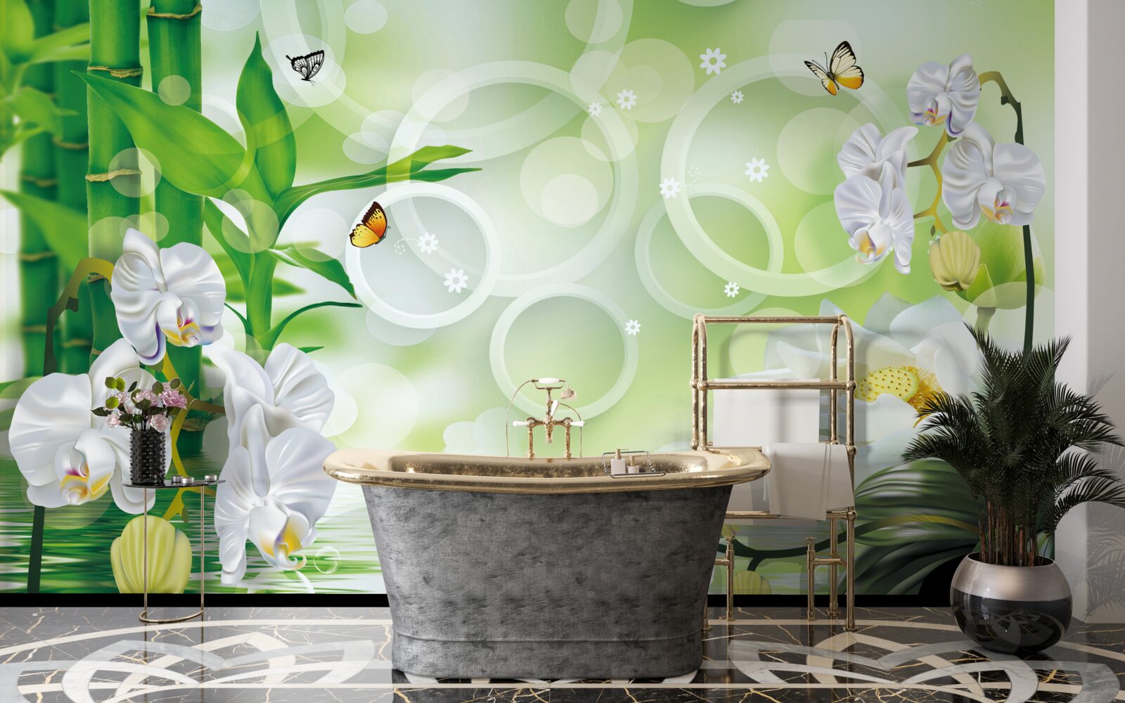 Fototapeta woda, która harmonijnie łączy się z białymi orchideami i bambusem