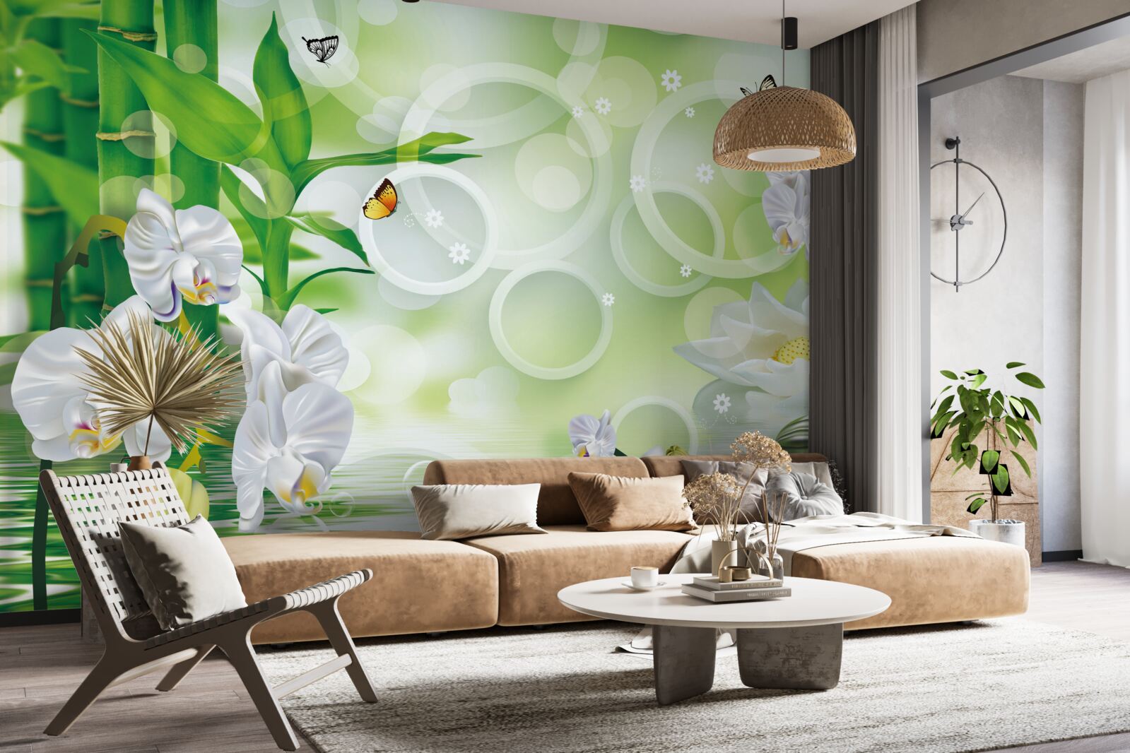 Fototapeta woda, która harmonijnie łączy się z białymi orchideami i bambusem