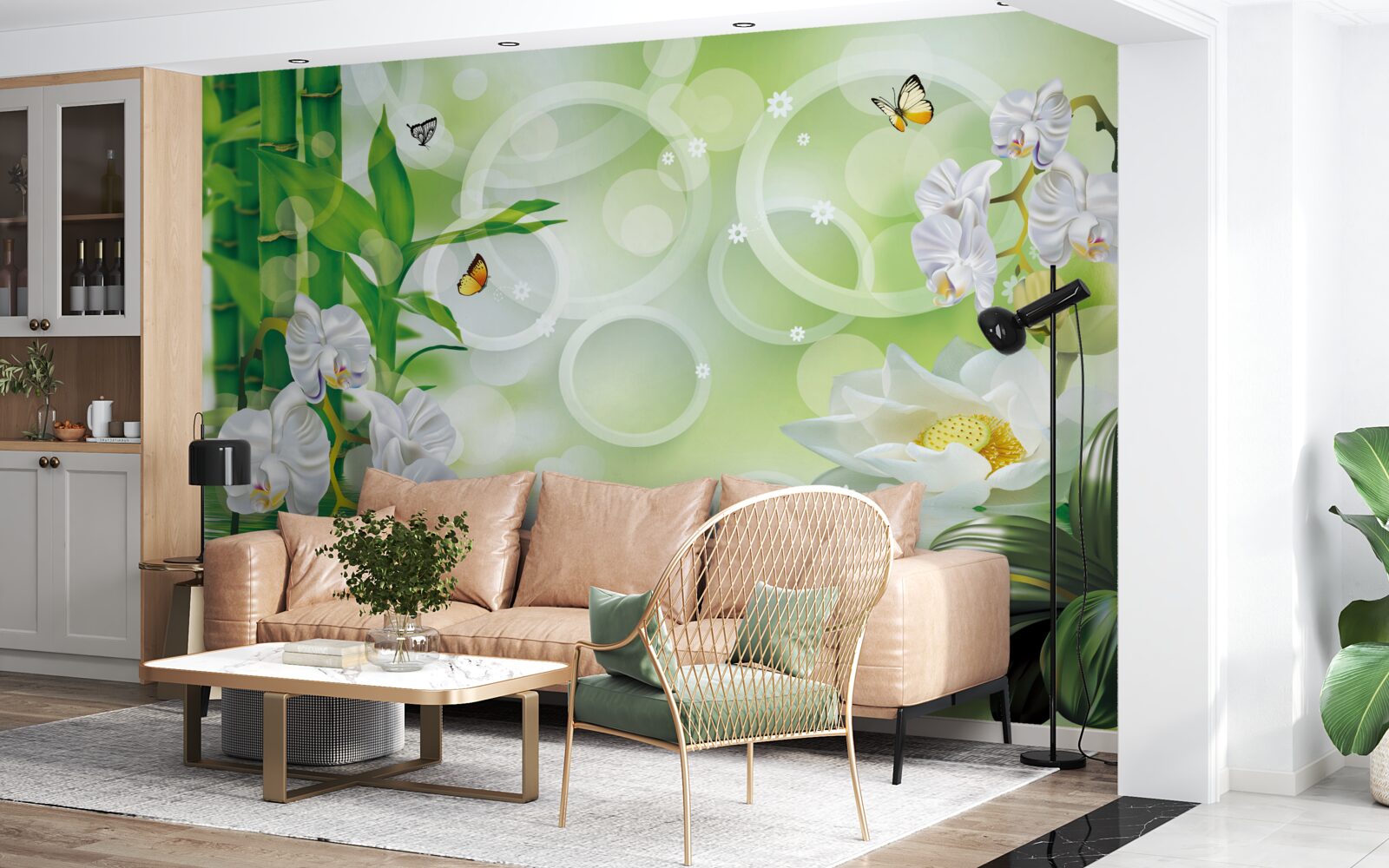 Fototapeta zielony bambus i kwiaty odbijają się w wodzie, otoczone białymi kółkami