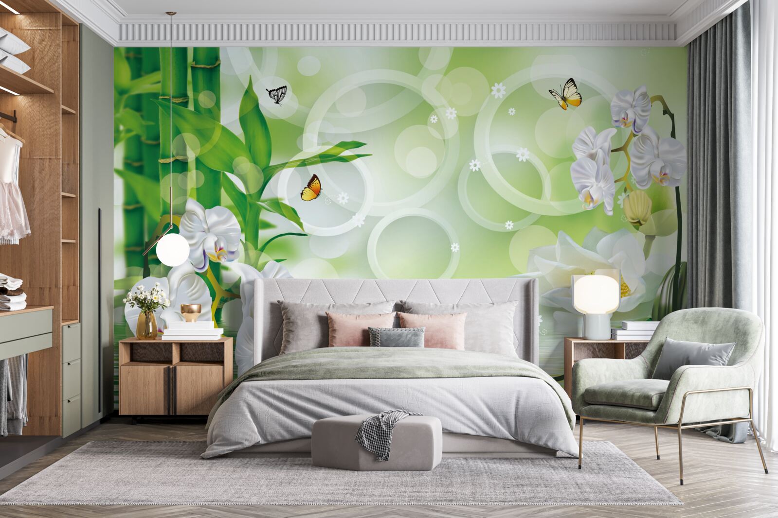 Fototapeta zielony bambus i kwiaty odbijają się w wodzie, otoczone białymi kółkami