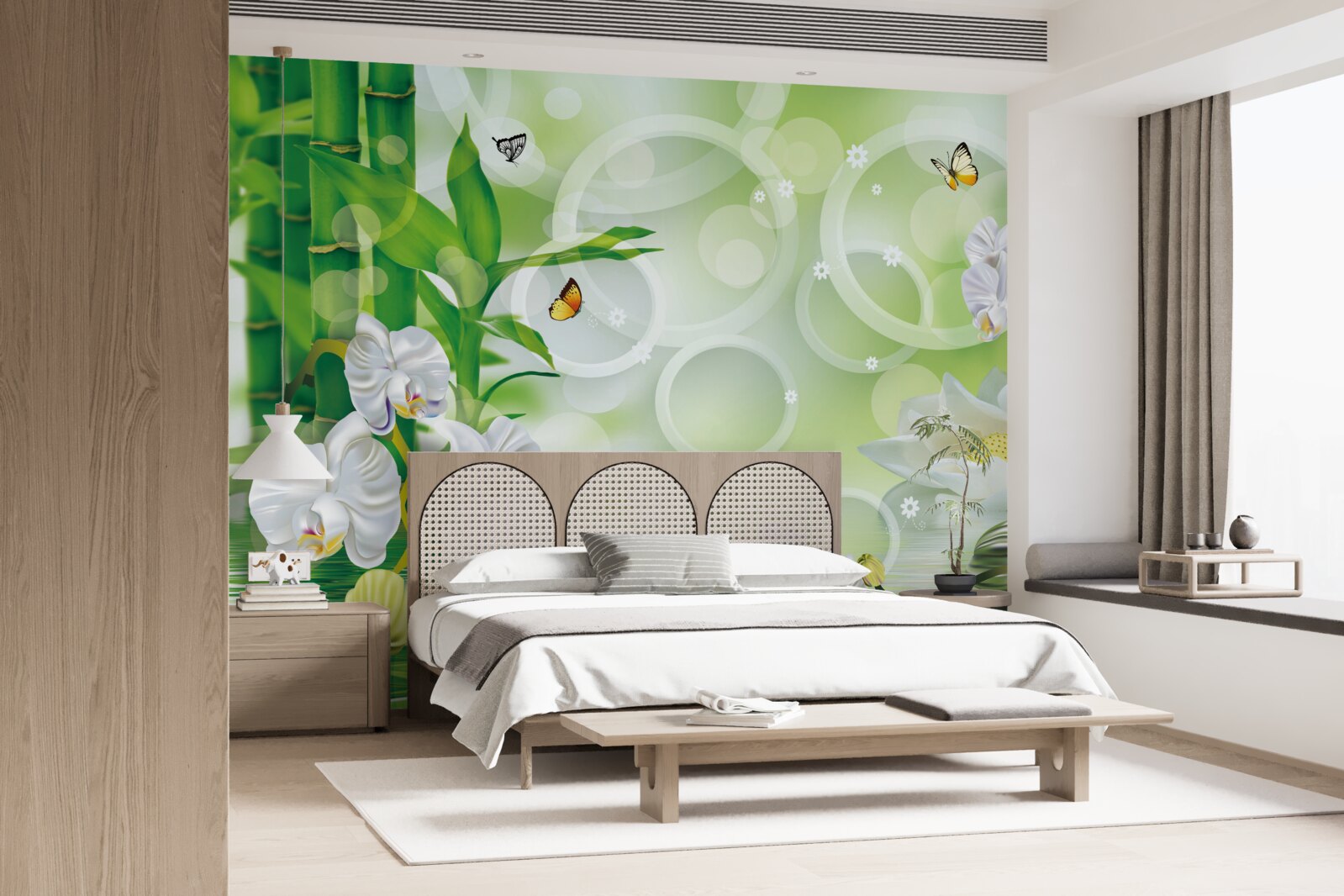 Fototapeta zielony bambus i kwiaty odbijają się w wodzie, otoczone białymi kółkami