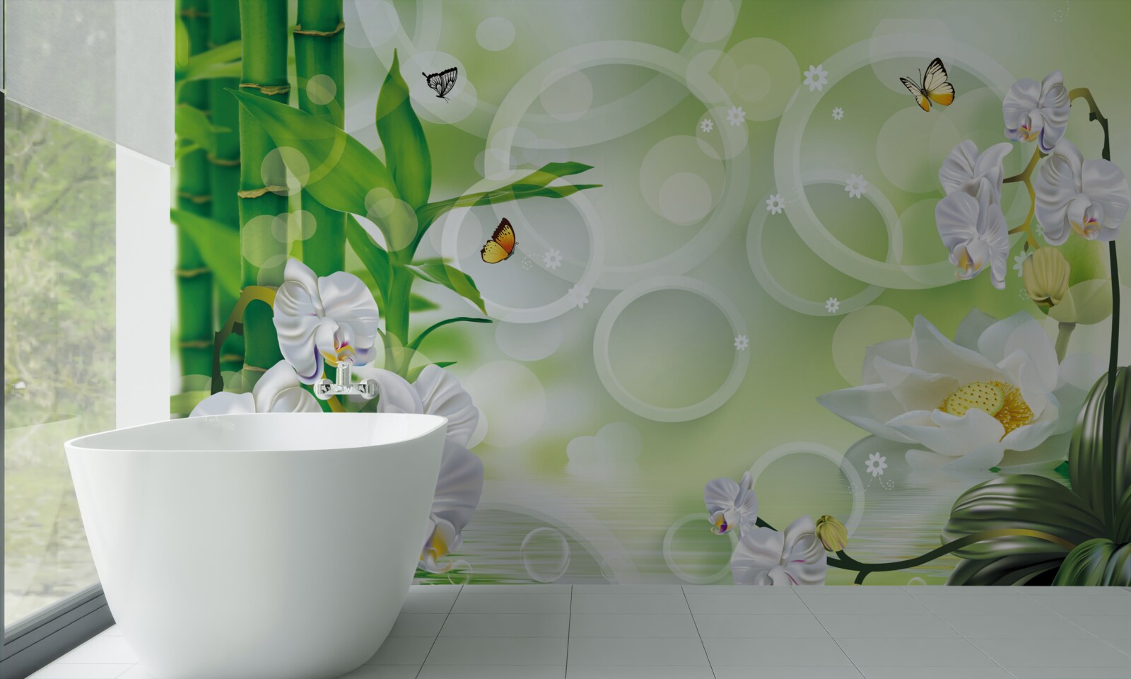 Fototapeta zielony bambus i kwiaty odbijają się w wodzie, otoczone białymi kółkami