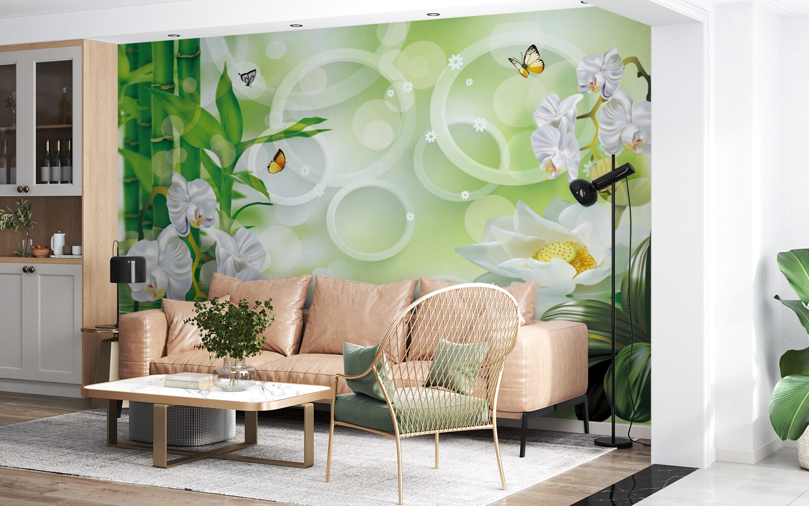 Fototapeta zielony bambus i kwiaty odbijają się w wodzie, otoczone białymi kółkami