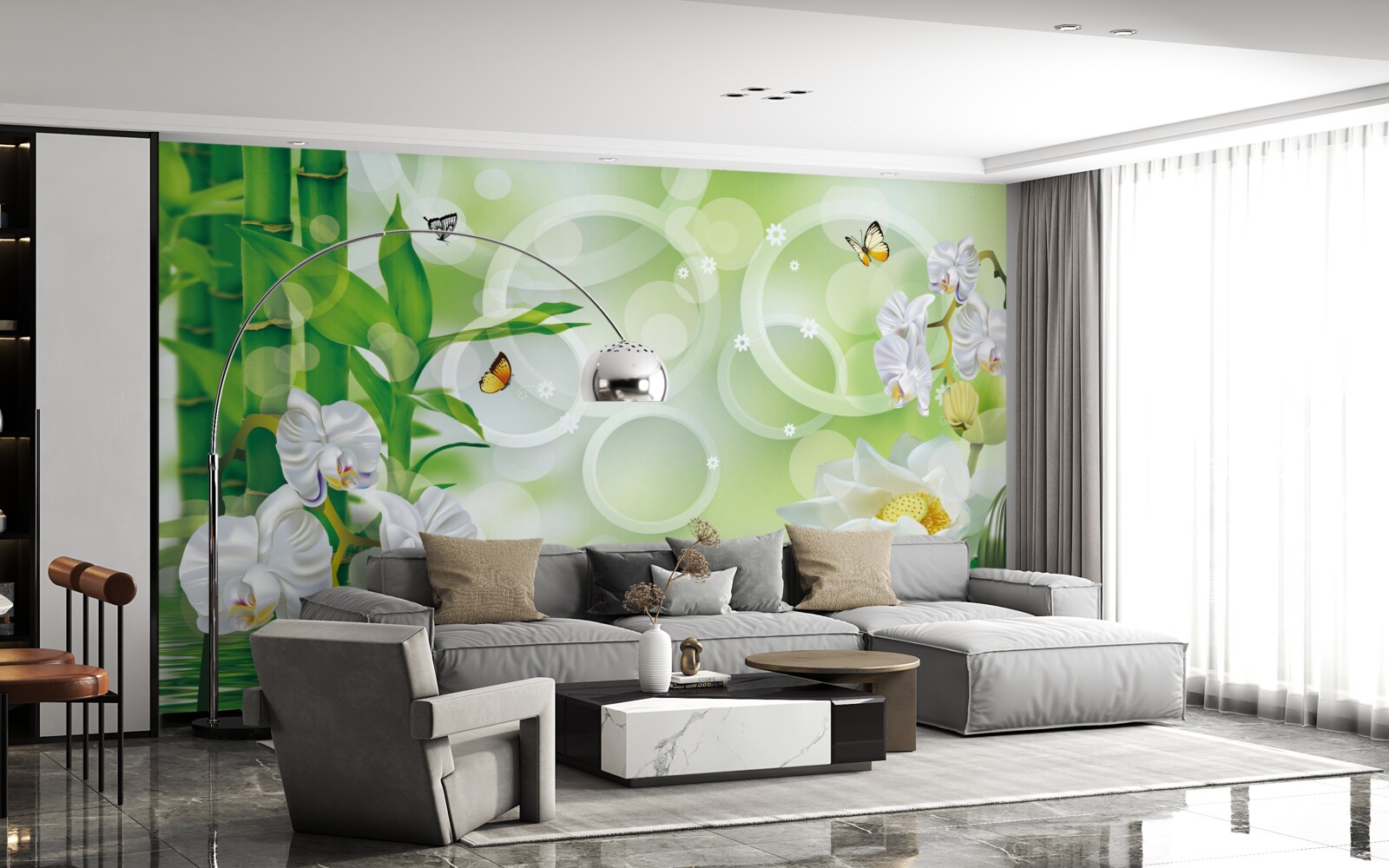 Fototapeta zielony bambus i kwiaty odbijają się w wodzie, otoczone białymi kółkami