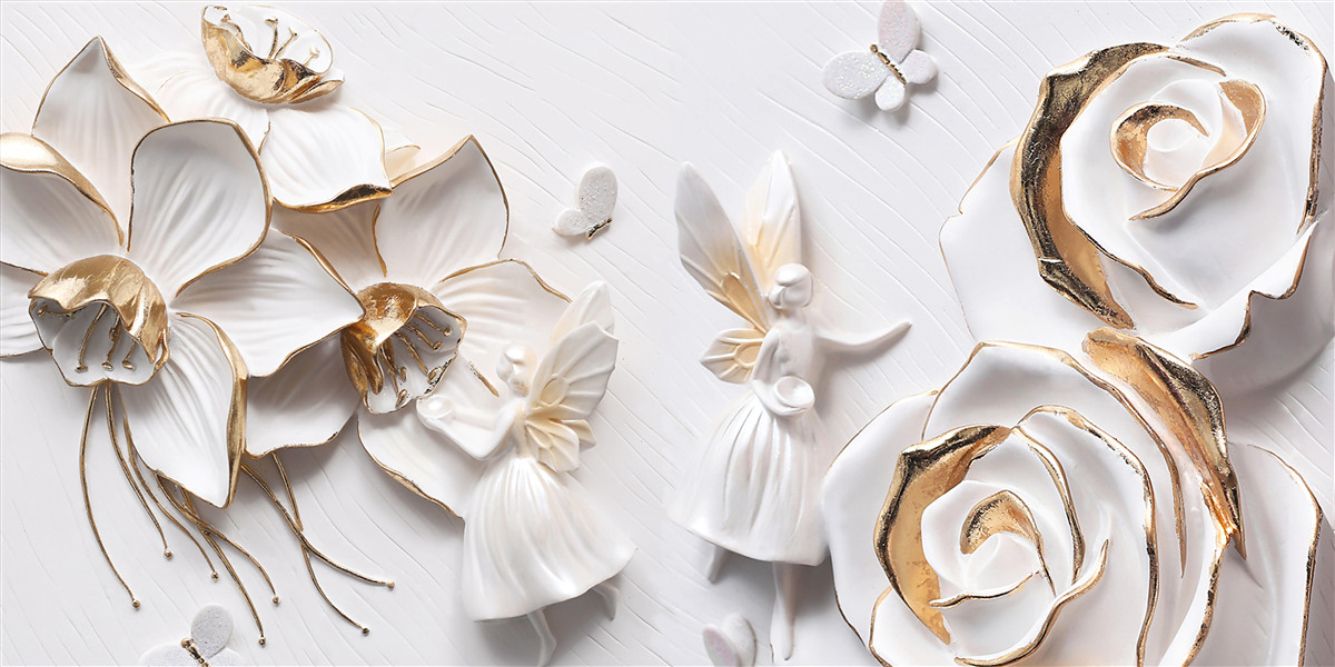 Fototapeta motyle i złoto na tle białych kwiatów