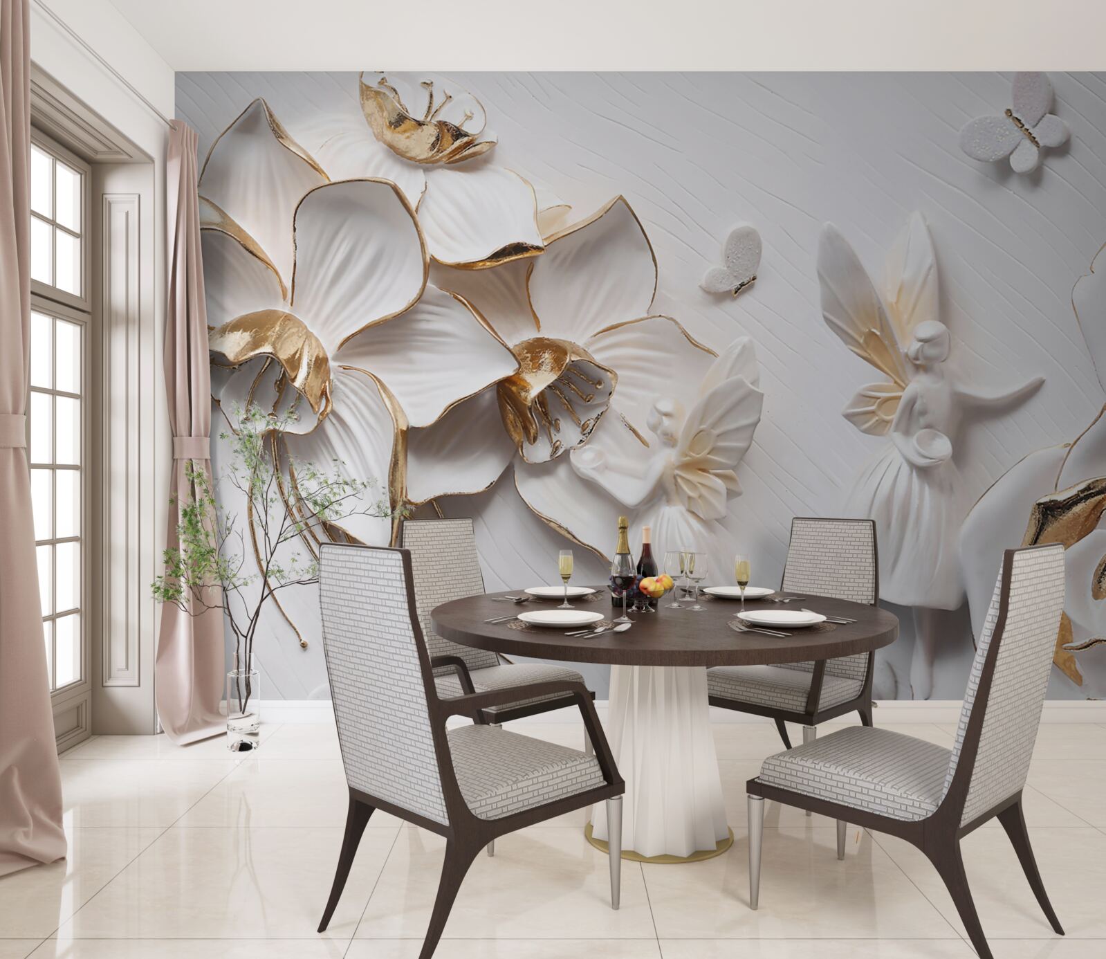 Fototapeta motyle i złoto na tle białych kwiatów