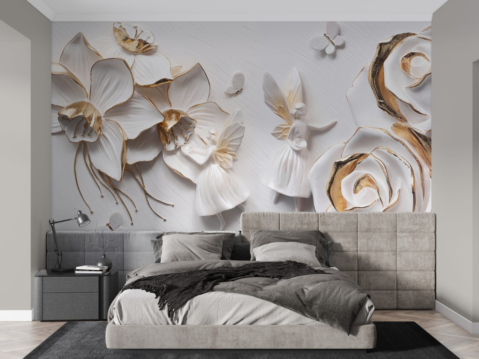 Fototapeta motyle i złoto na tle białych kwiatów