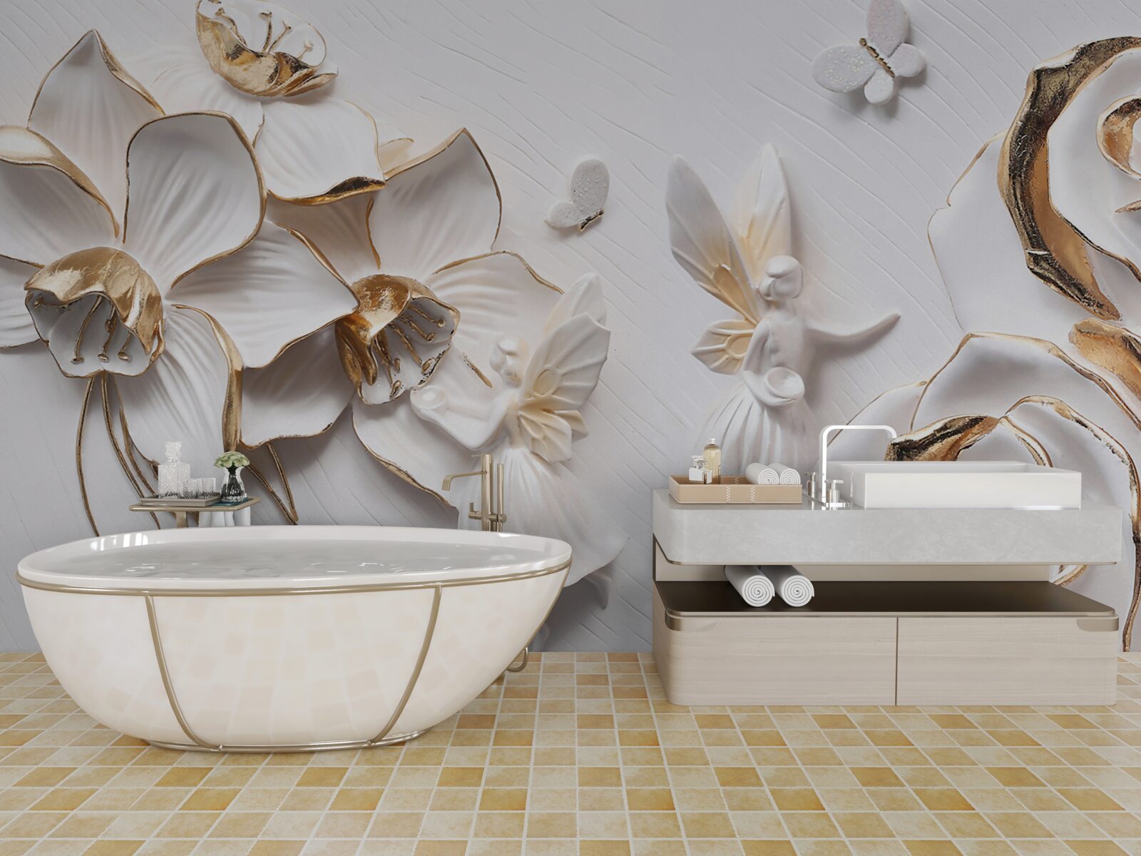 Fototapeta motyle i złoto na tle białych kwiatów