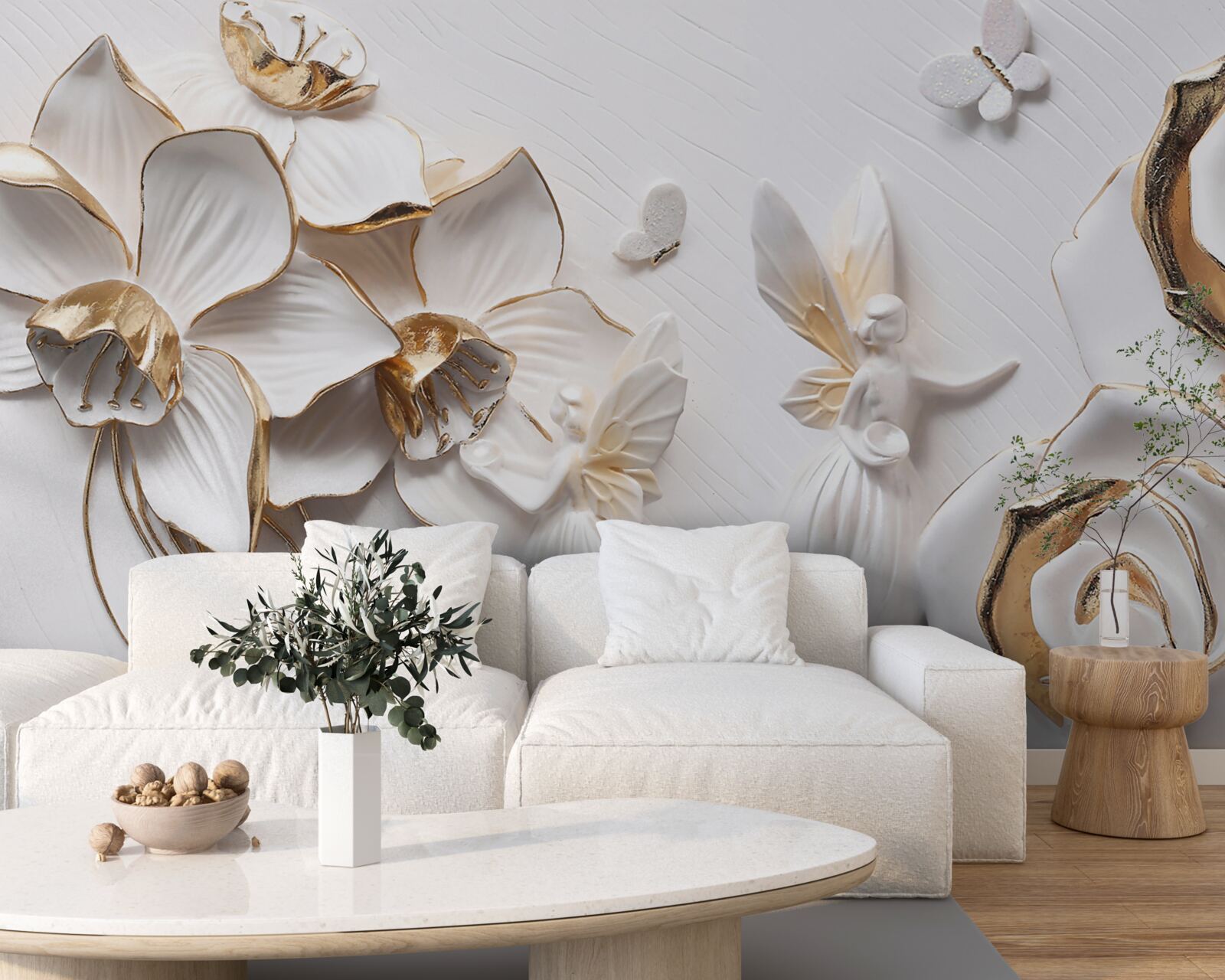 Fototapeta motyle i złoto na tle białych kwiatów