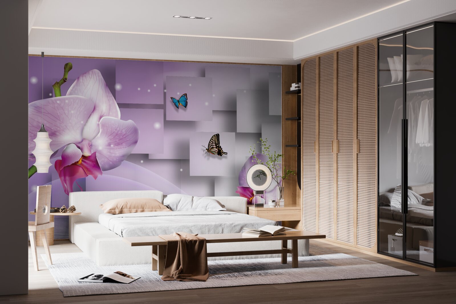 Fototapeta liliowa orchidea i motyle ułożone na tle wzoru geometrycznego