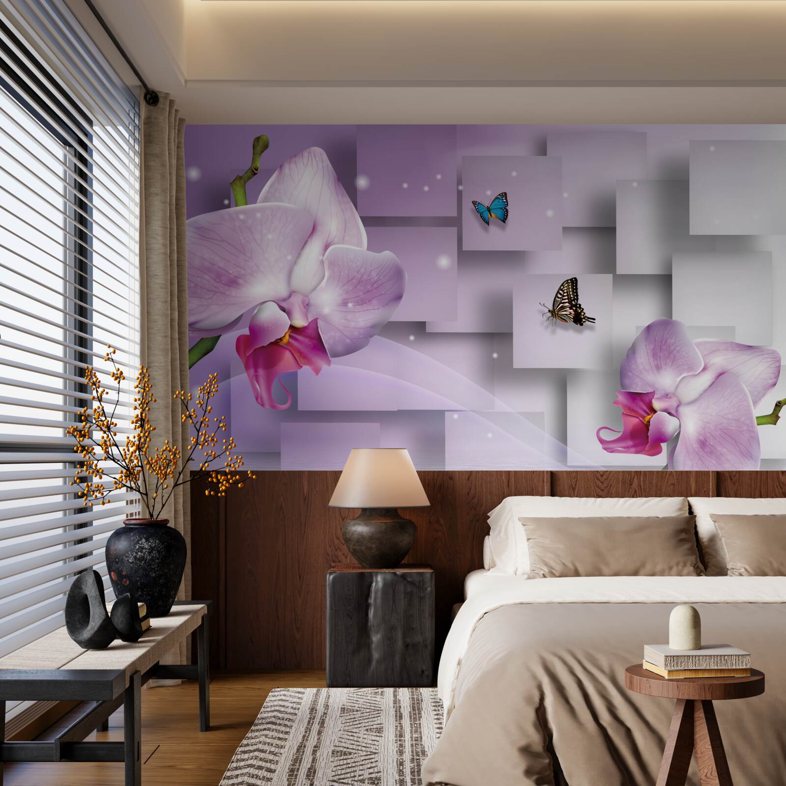 Fototapeta liliowa orchidea i motyle ułożone na tle wzoru geometrycznego