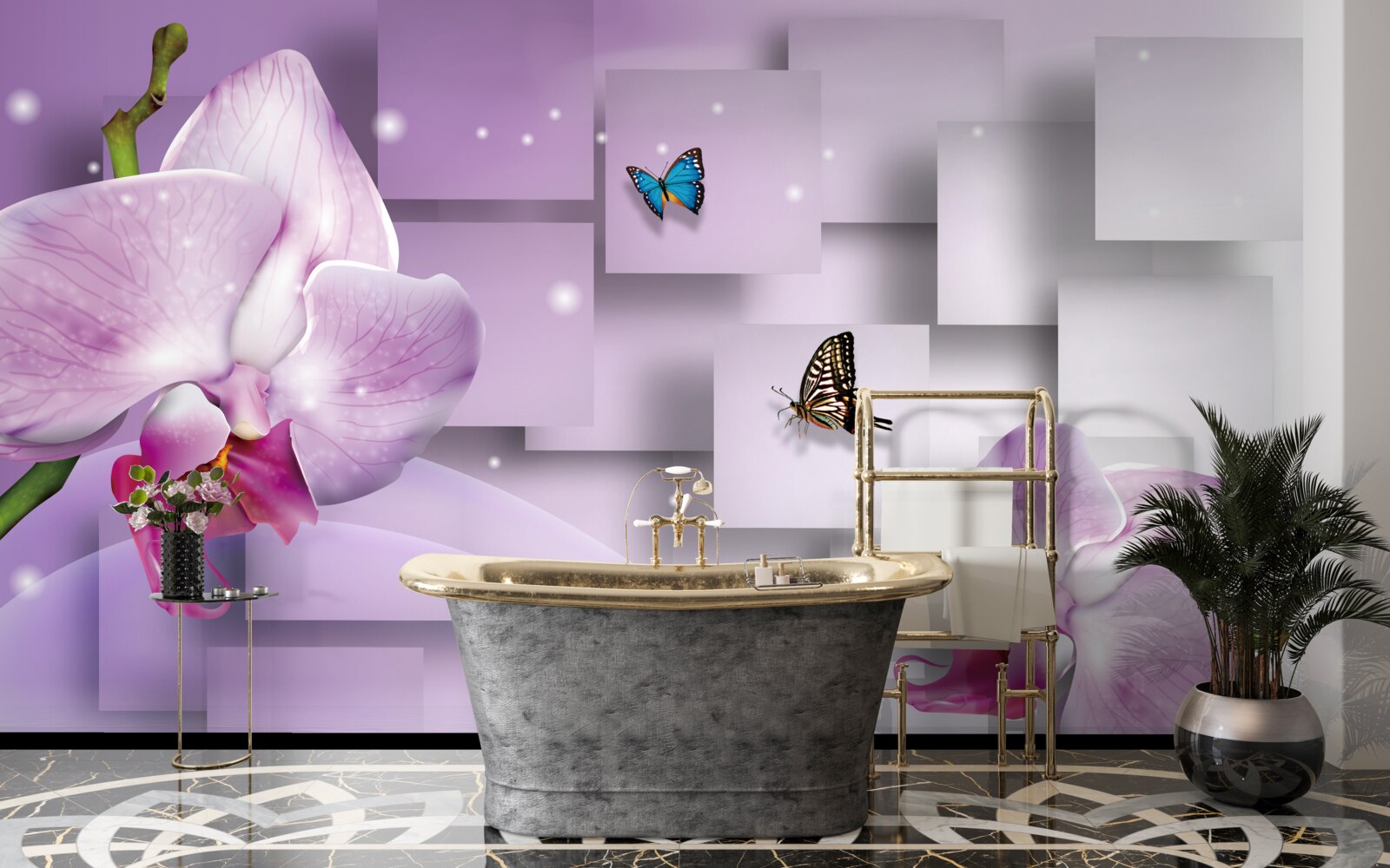 Fototapeta liliowa orchidea i motyle ułożone na tle wzoru geometrycznego