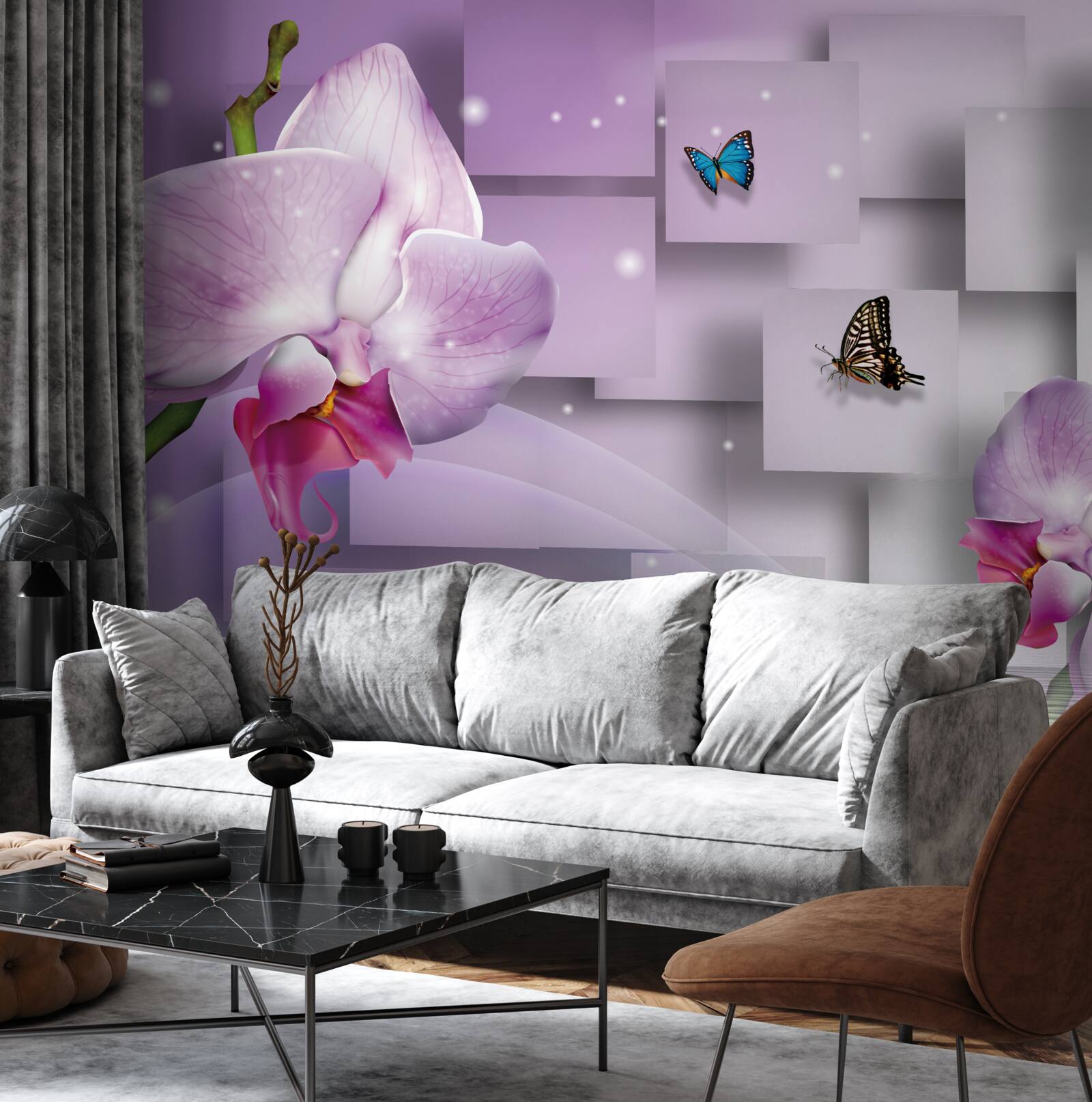 Fototapeta liliowa orchidea i motyle ułożone na tle wzoru geometrycznego