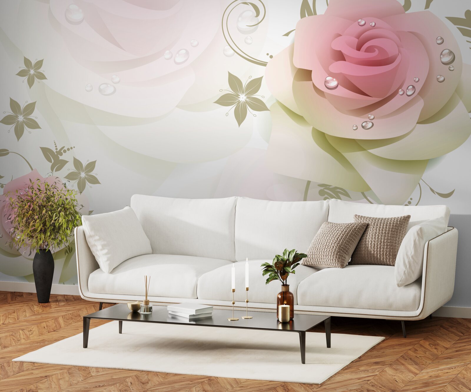 Fototapeta cienkie różowe pąki z perłowymi kropelkami