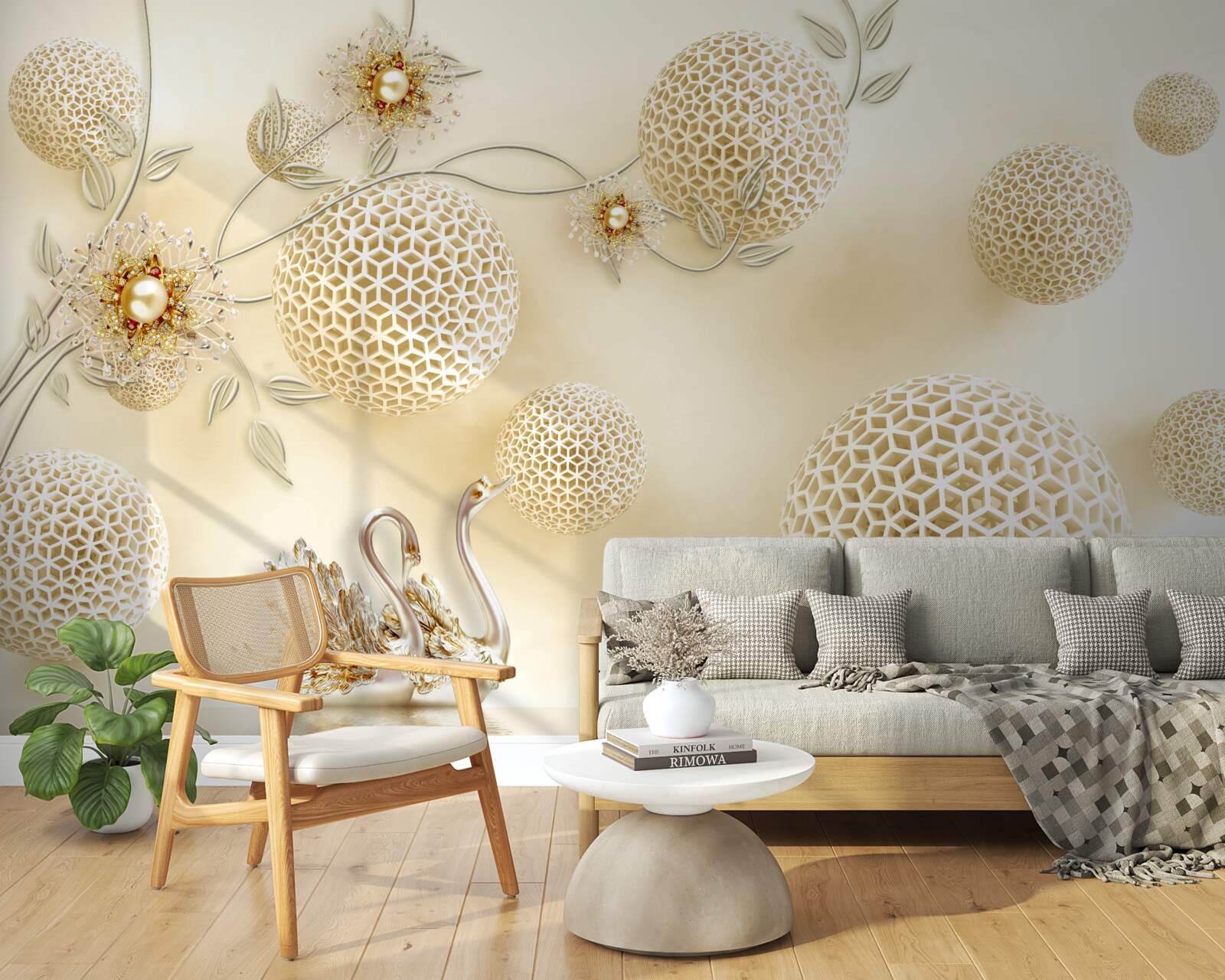 Fototapeta Łabędzie szybujące na niebie i kwiaty przerzedzone jak brąz