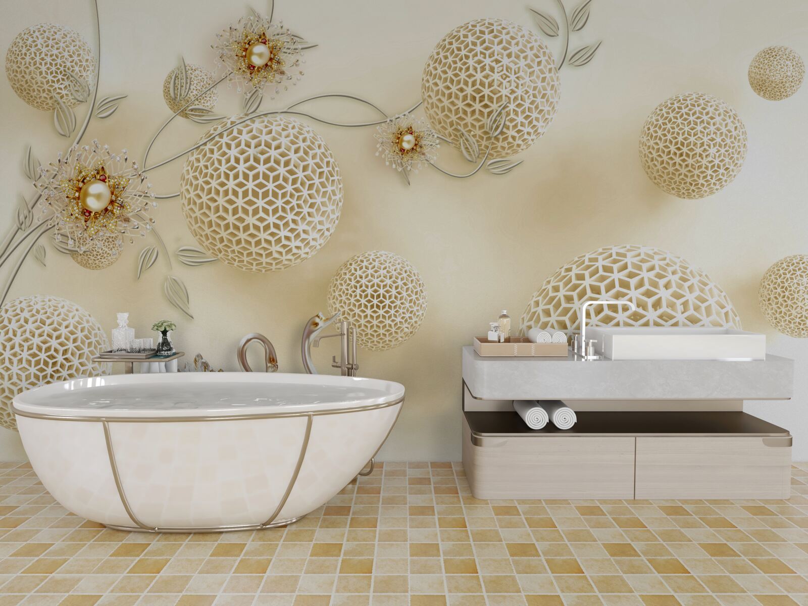 Fototapeta Łabędzie szybujące na niebie i kwiaty przerzedzone jak brąz