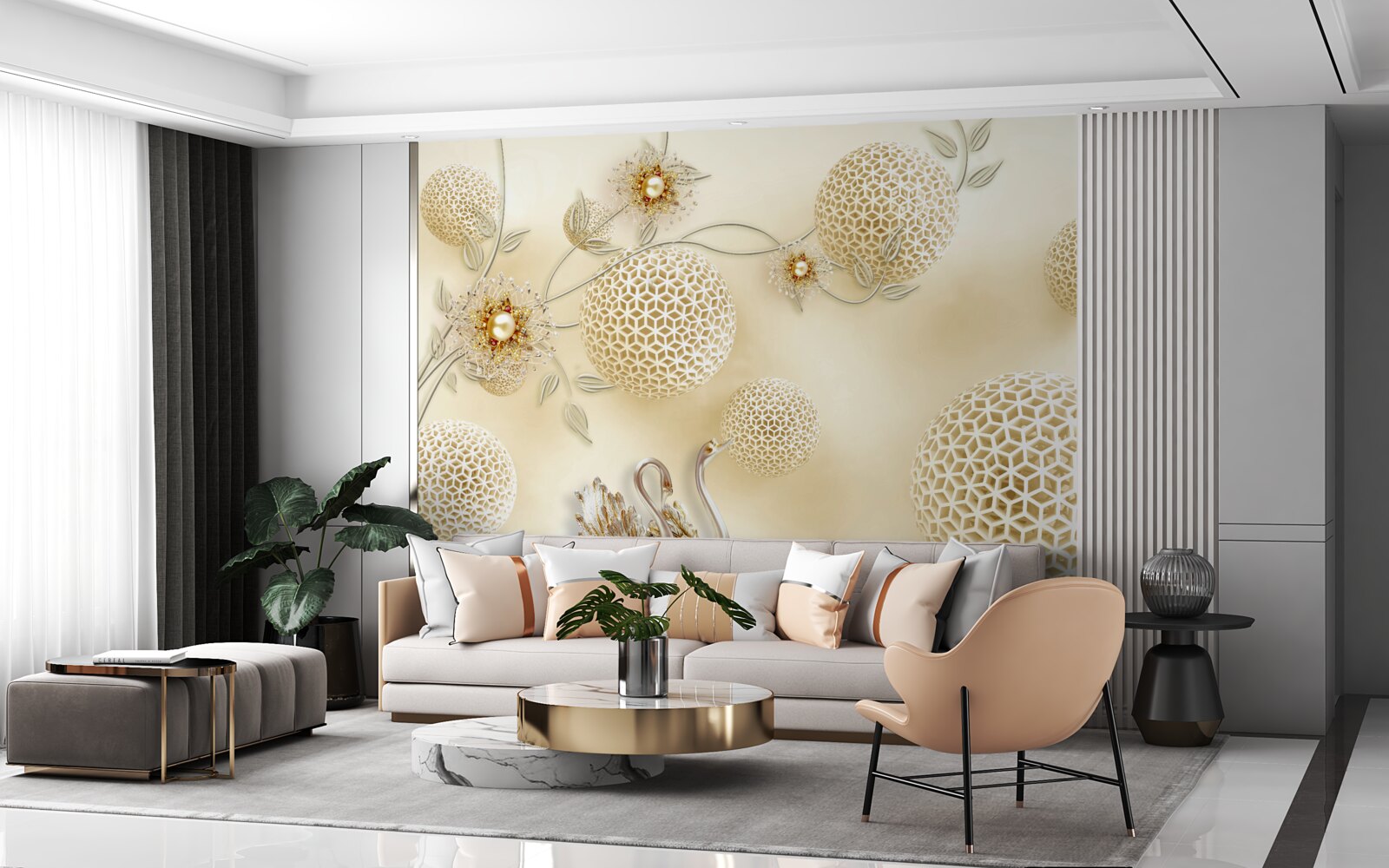 Fototapeta Łabędzie szybujące na niebie i kwiaty przerzedzone jak brąz