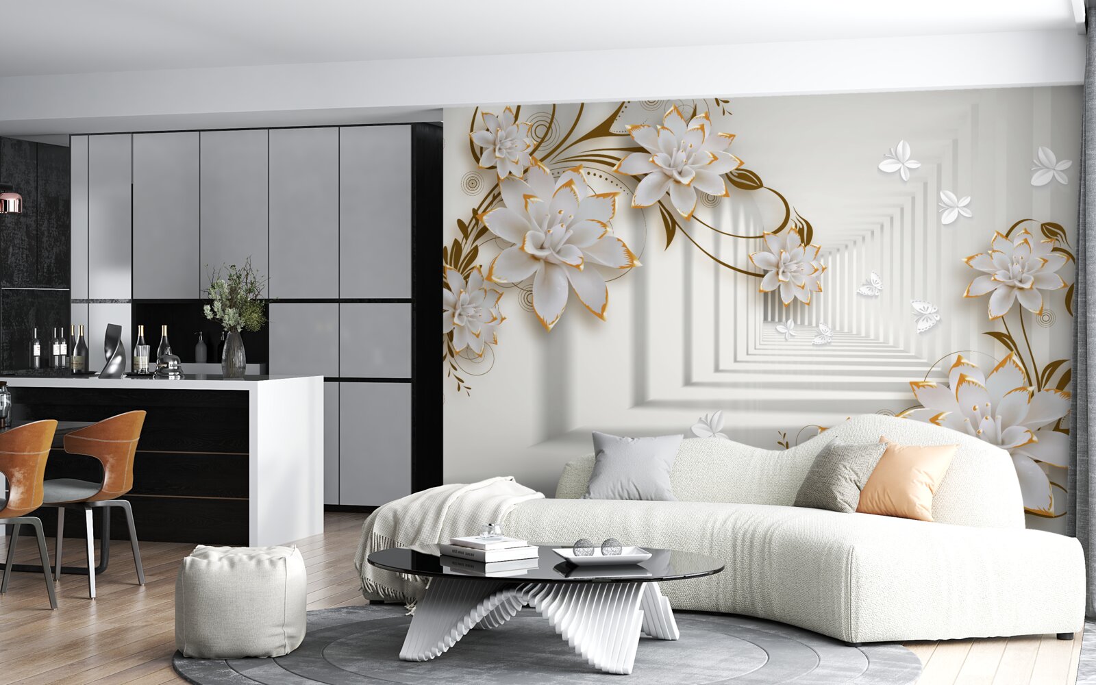 Fototapeta złote dekoracje na białych lotosach w przedpokoju