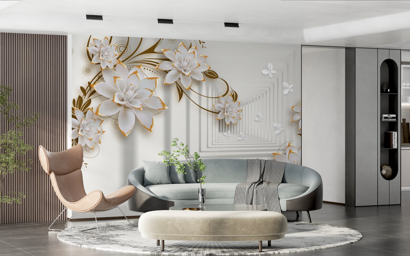 Fototapeta złote dekoracje na białych lotosach w przedpokoju