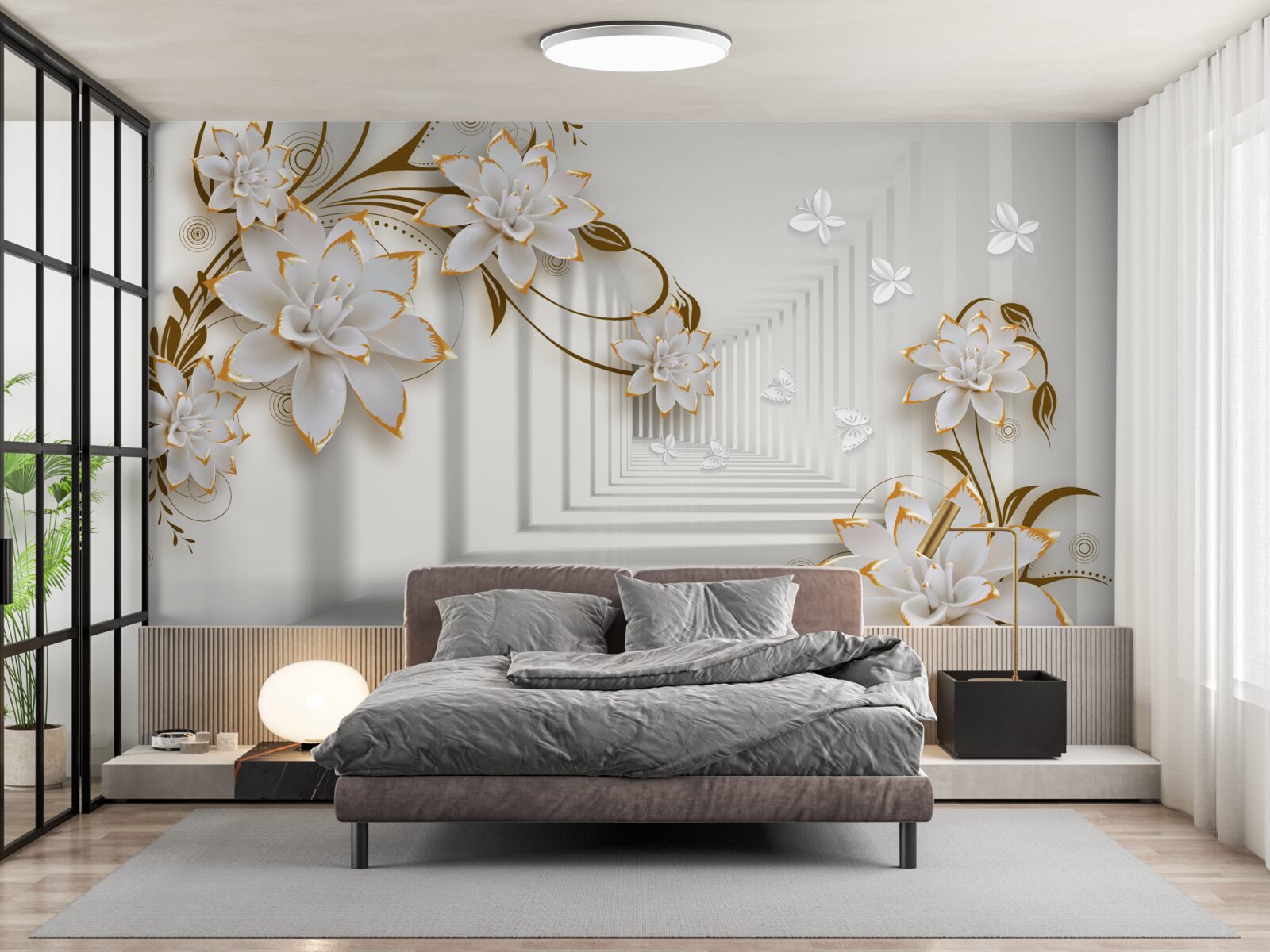 Fototapeta złote dekoracje na białych lotosach w przedpokoju