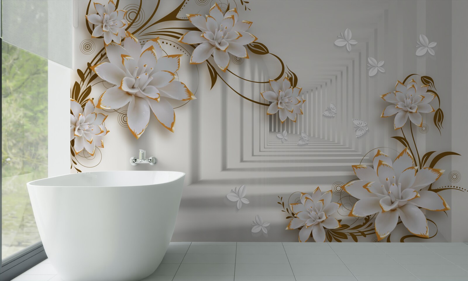 Fototapeta złote dekoracje na białych lotosach w przedpokoju