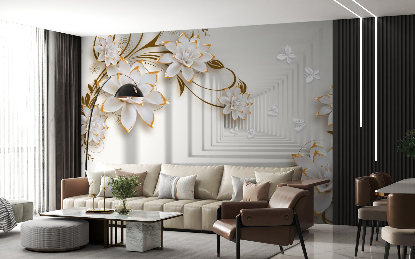 Fototapeta złote dekoracje na białych lotosach w przedpokoju