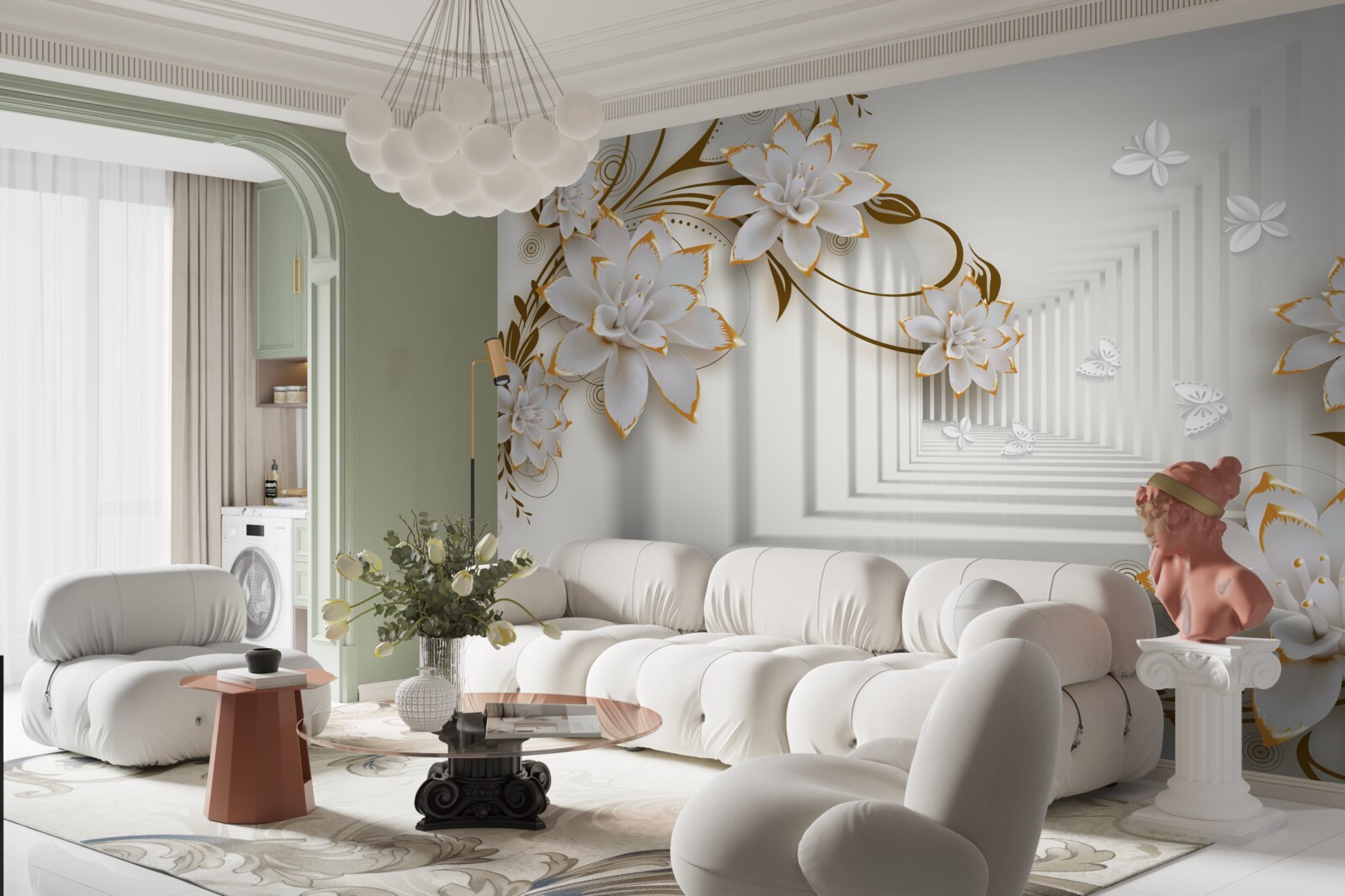 Fototapeta złote dekoracje na białych lotosach w przedpokoju