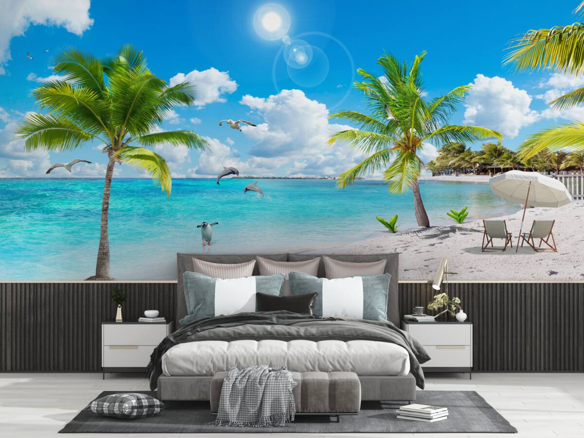 Fototapeta plaża z piaskiem i palmami