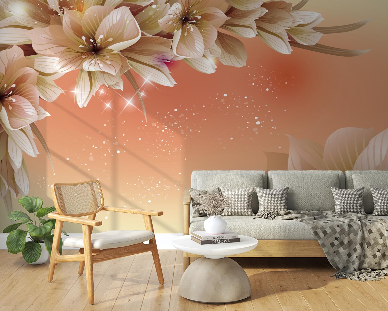 Fototapeta białe kwiaty kwitnące na gałęzi na tle zachodzącego słońca